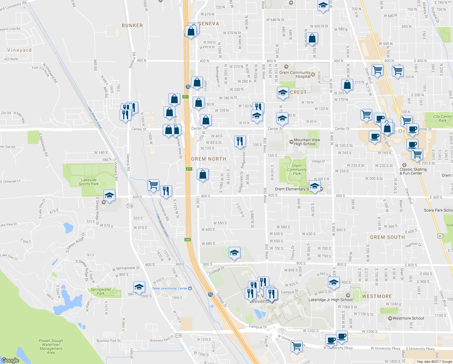 map of restaurants, bars, coffee shops, grocery stores, and more near 318 South 1015 West in Orem