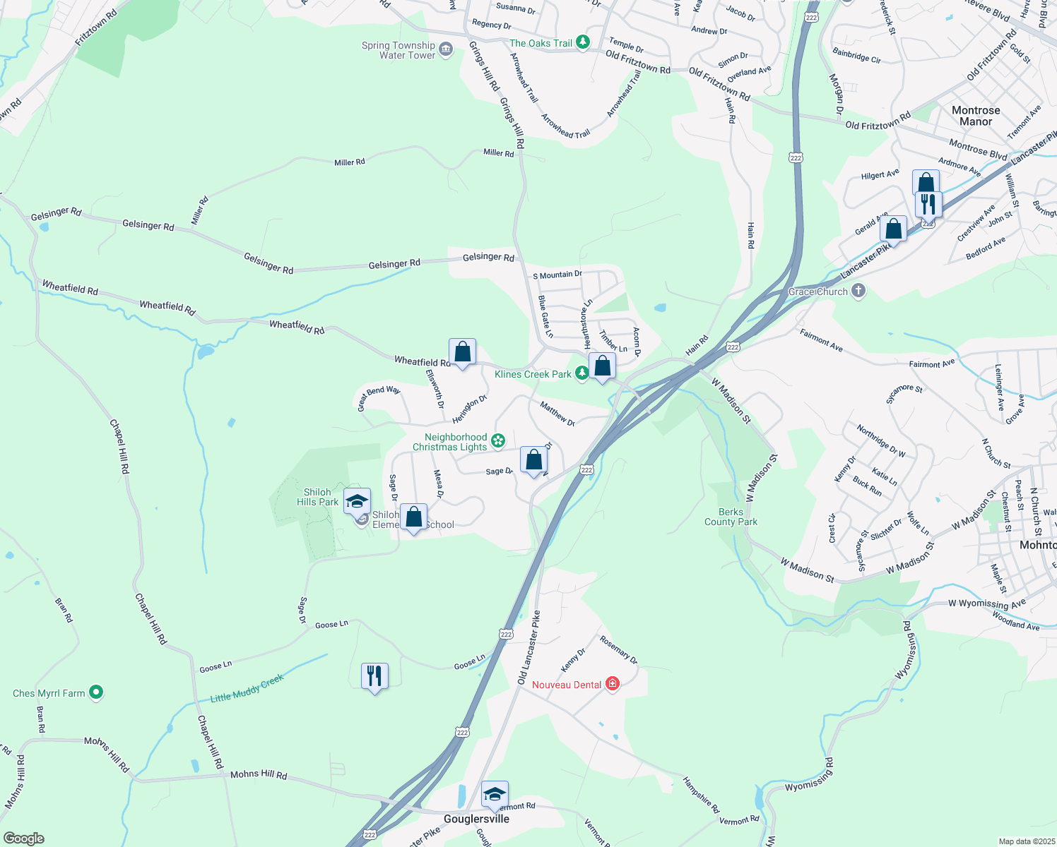 map of restaurants, bars, coffee shops, grocery stores, and more near 108 Charles Boulevard in Sinking Spring