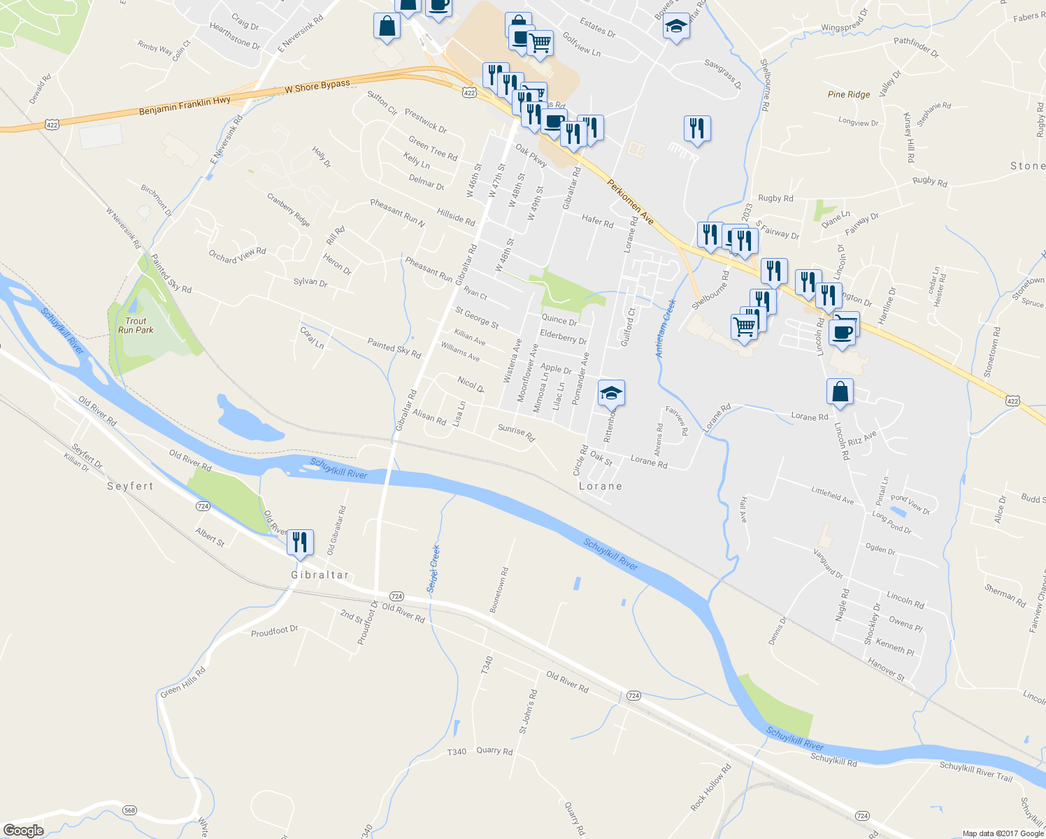 map of restaurants, bars, coffee shops, grocery stores, and more near 4948 Painted Sky Road in Reading
