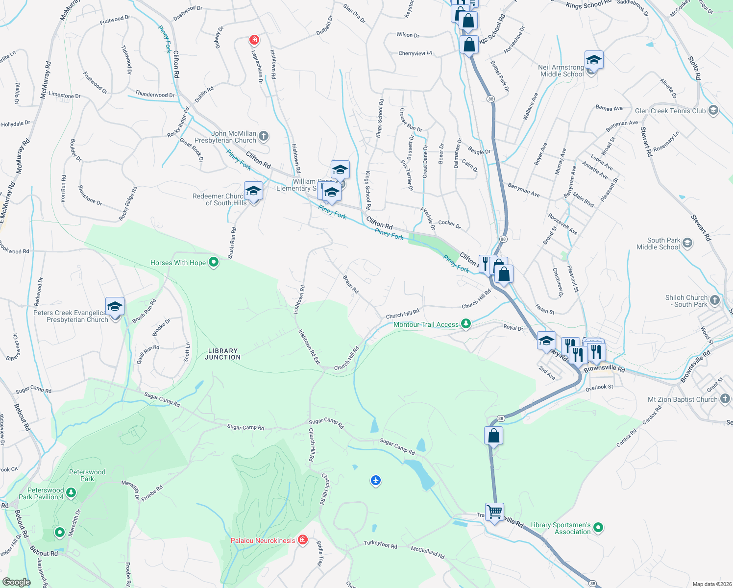 map of restaurants, bars, coffee shops, grocery stores, and more near 1201 Braun Rd in Bethel Park
