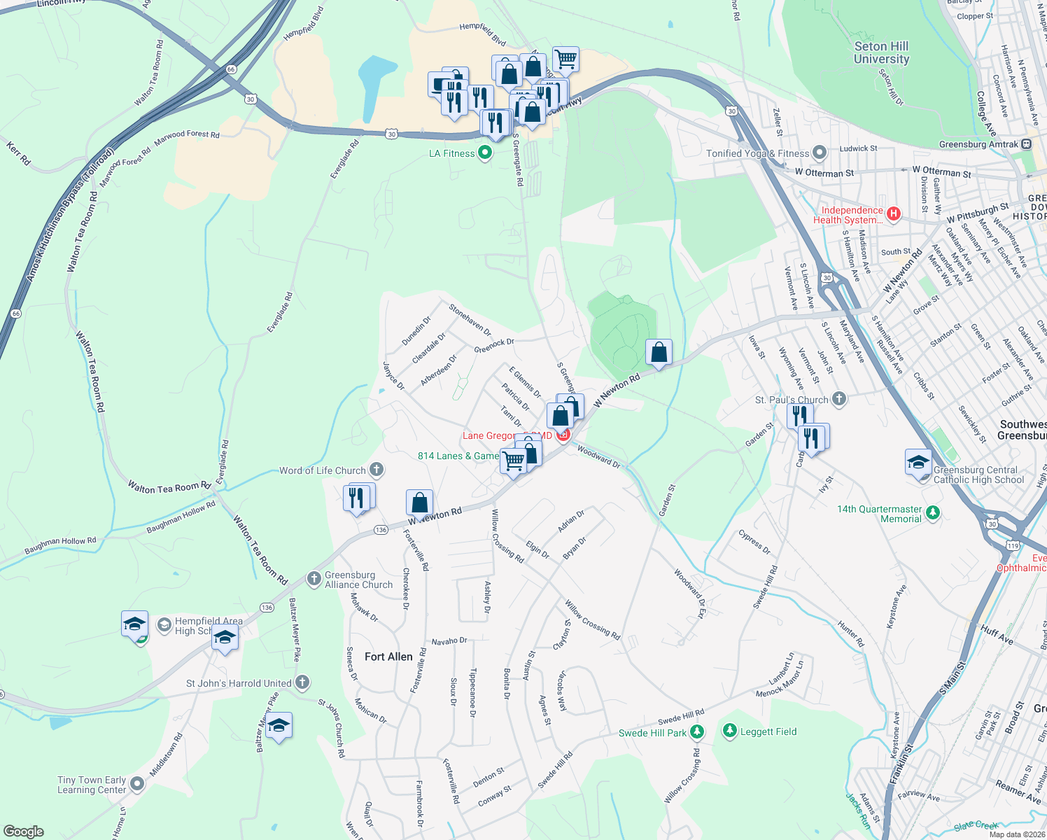 map of restaurants, bars, coffee shops, grocery stores, and more near 23 Tami Drive in Greensburg
