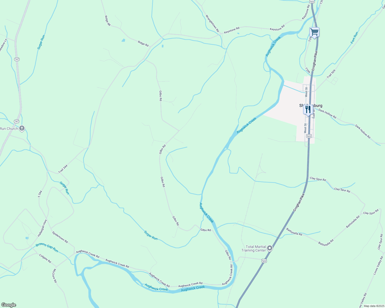 map of restaurants, bars, coffee shops, grocery stores, and more near in Shirleysburg