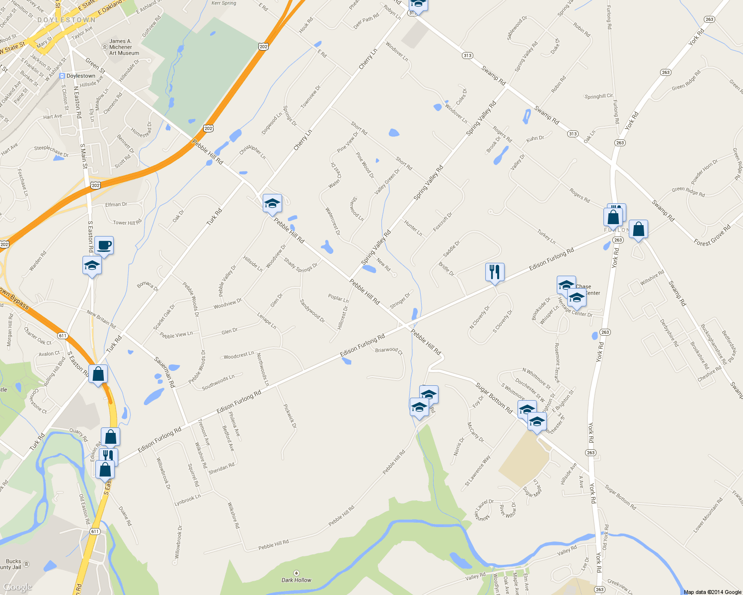 map of restaurants, bars, coffee shops, grocery stores, and more near 948 Pebble Hill Road in Doylestown