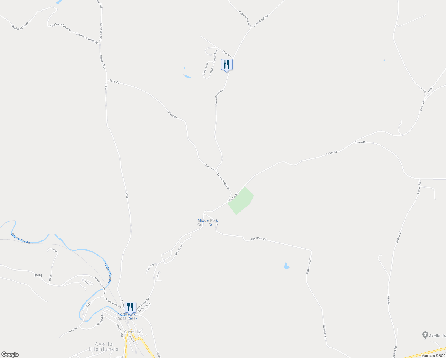 map of restaurants, bars, coffee shops, grocery stores, and more near 306 Cross Creek Road in Avella