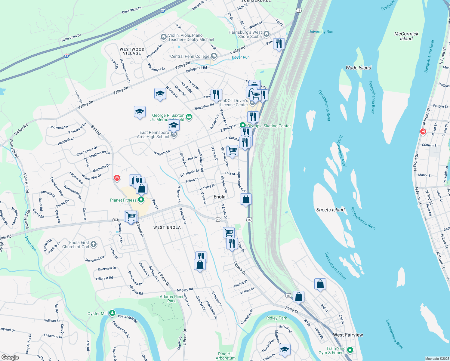 map of restaurants, bars, coffee shops, grocery stores, and more near 102 Altoona Avenue in Enola