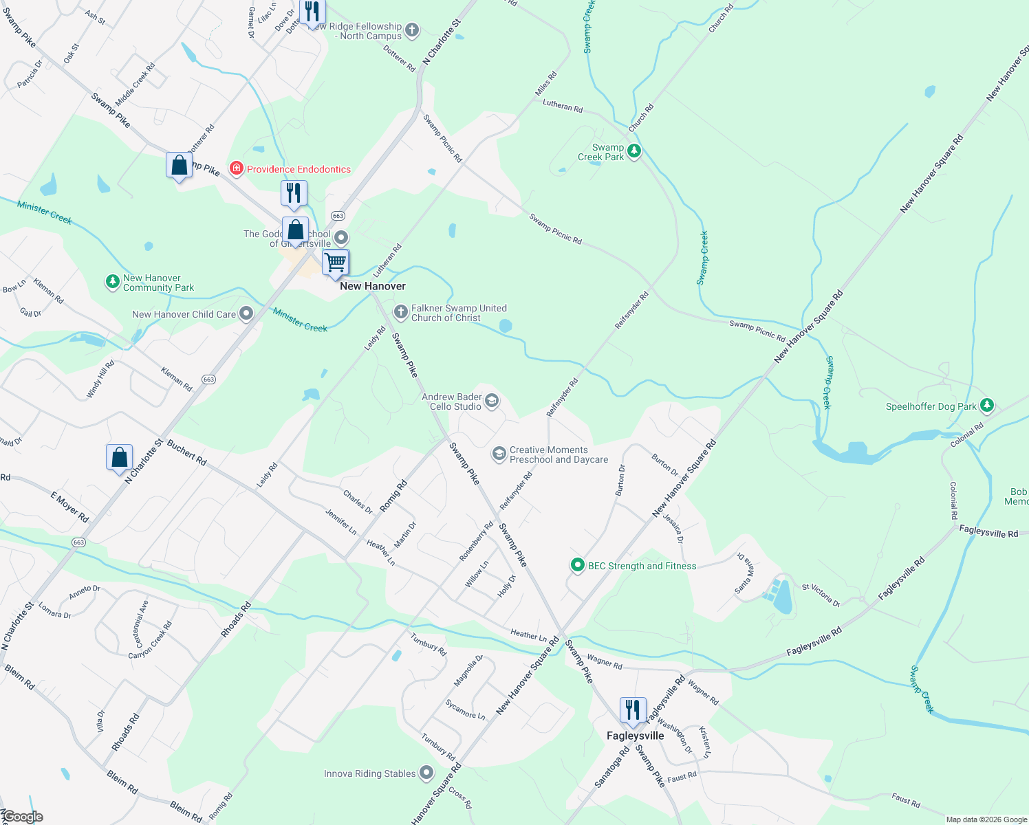 map of restaurants, bars, coffee shops, grocery stores, and more near 2680 Romig Road in Gilbertsville