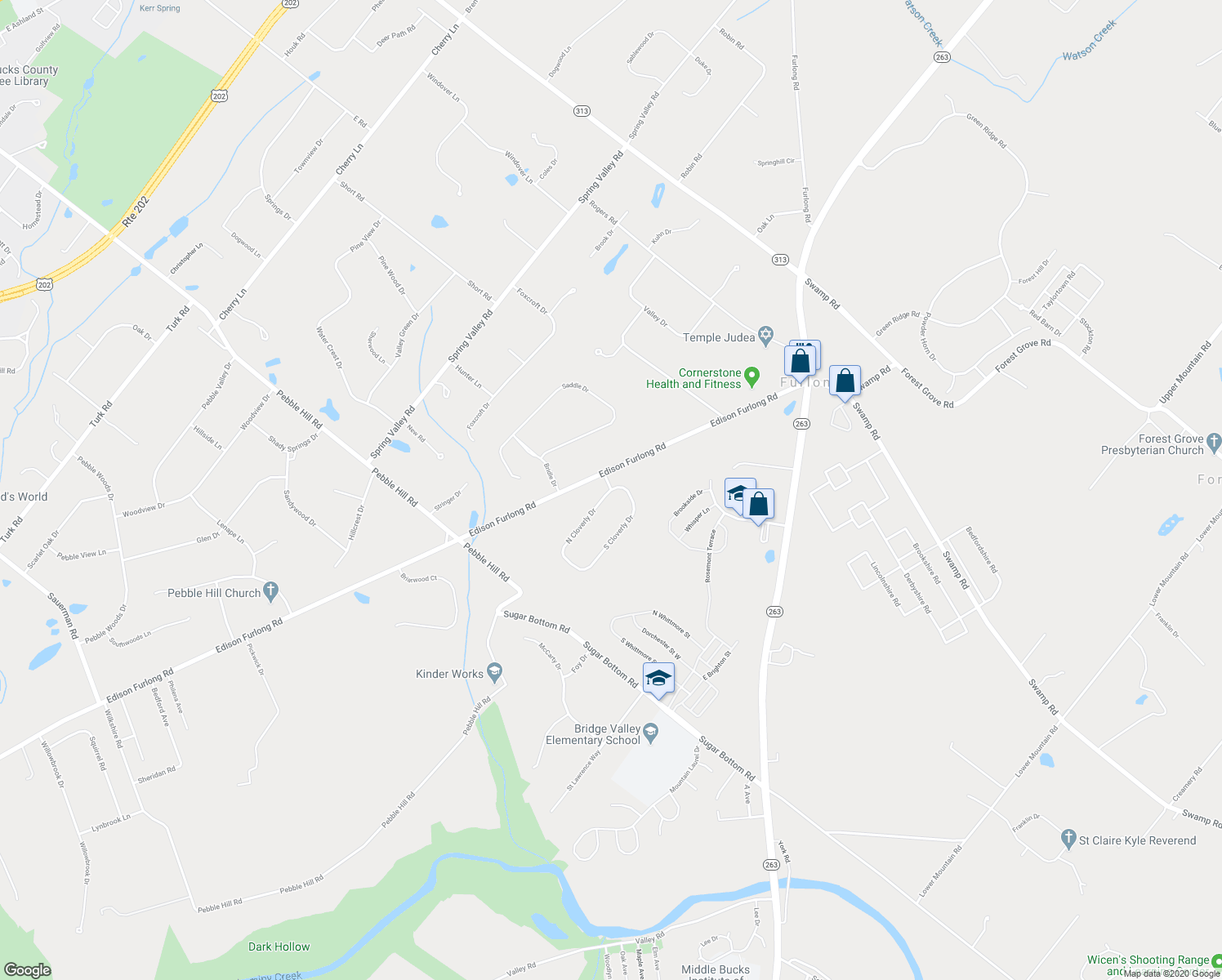 map of restaurants, bars, coffee shops, grocery stores, and more near 3064 Cloverly Drive in Furlong