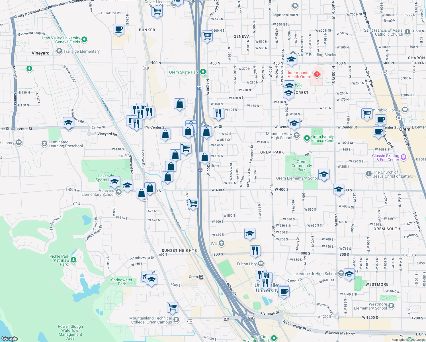 map of restaurants, bars, coffee shops, grocery stores, and more near 278 South 1160 West Street in Orem
