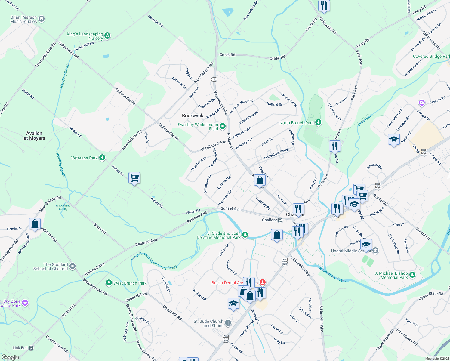 map of restaurants, bars, coffee shops, grocery stores, and more near 52 Lynwood Dr in Chalfont