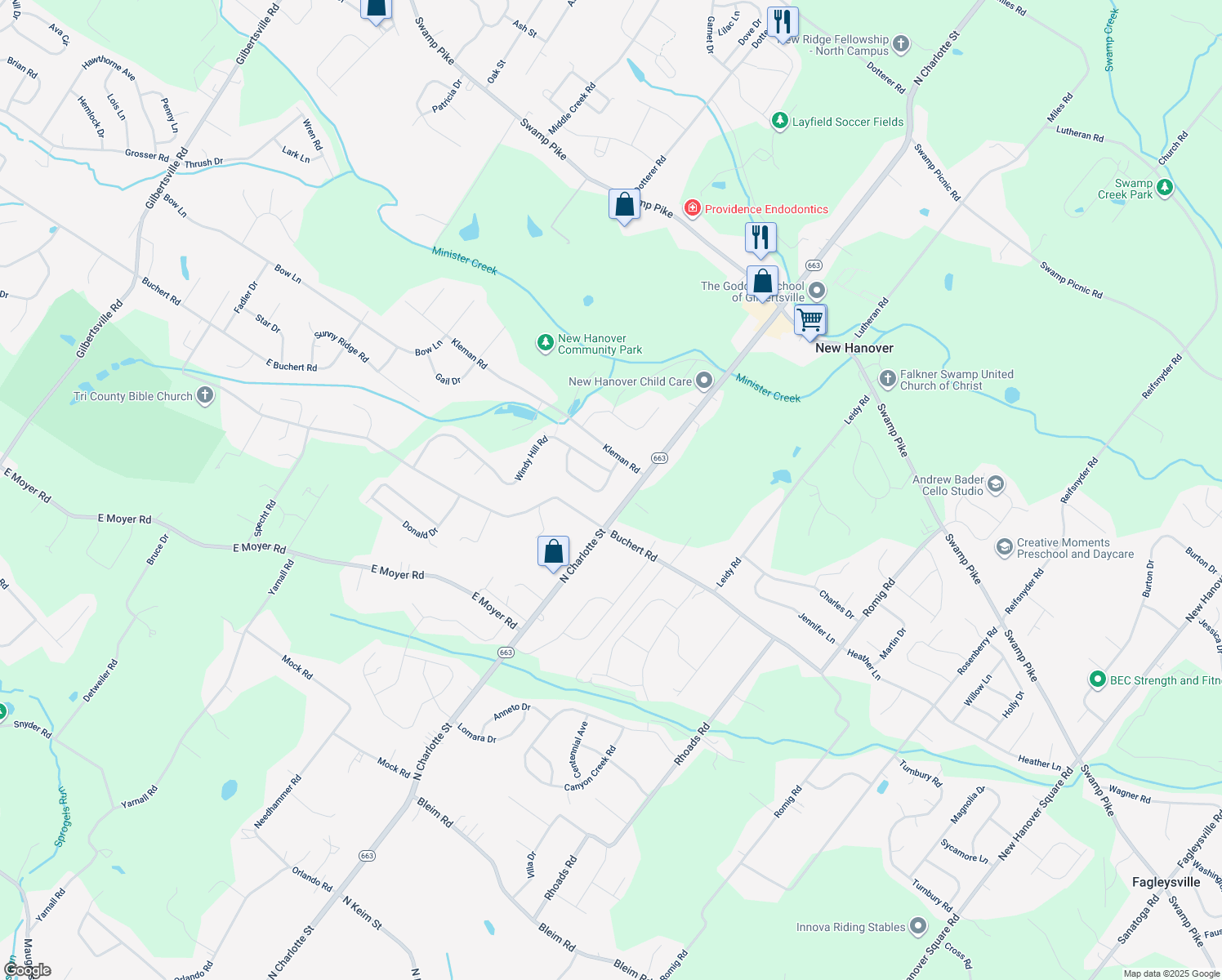 map of restaurants, bars, coffee shops, grocery stores, and more near 514 Hidden Lane in Gilbertsville