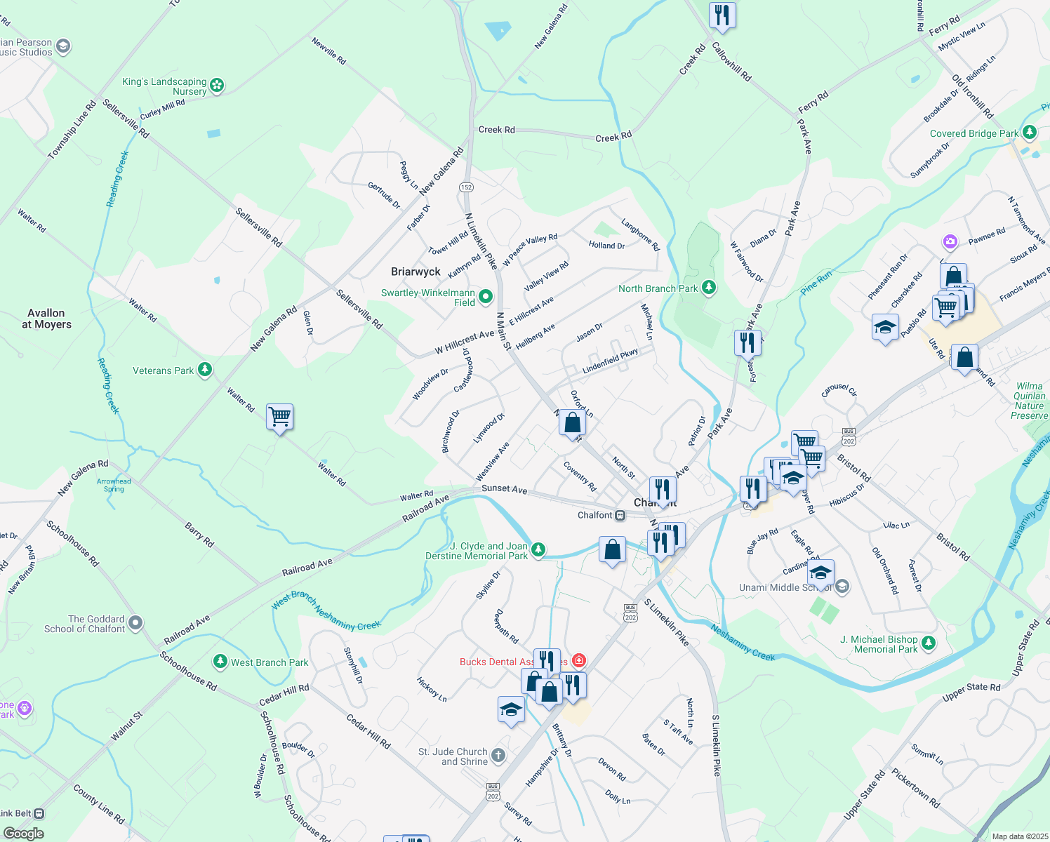 map of restaurants, bars, coffee shops, grocery stores, and more near 49 Westview Avenue in Chalfont