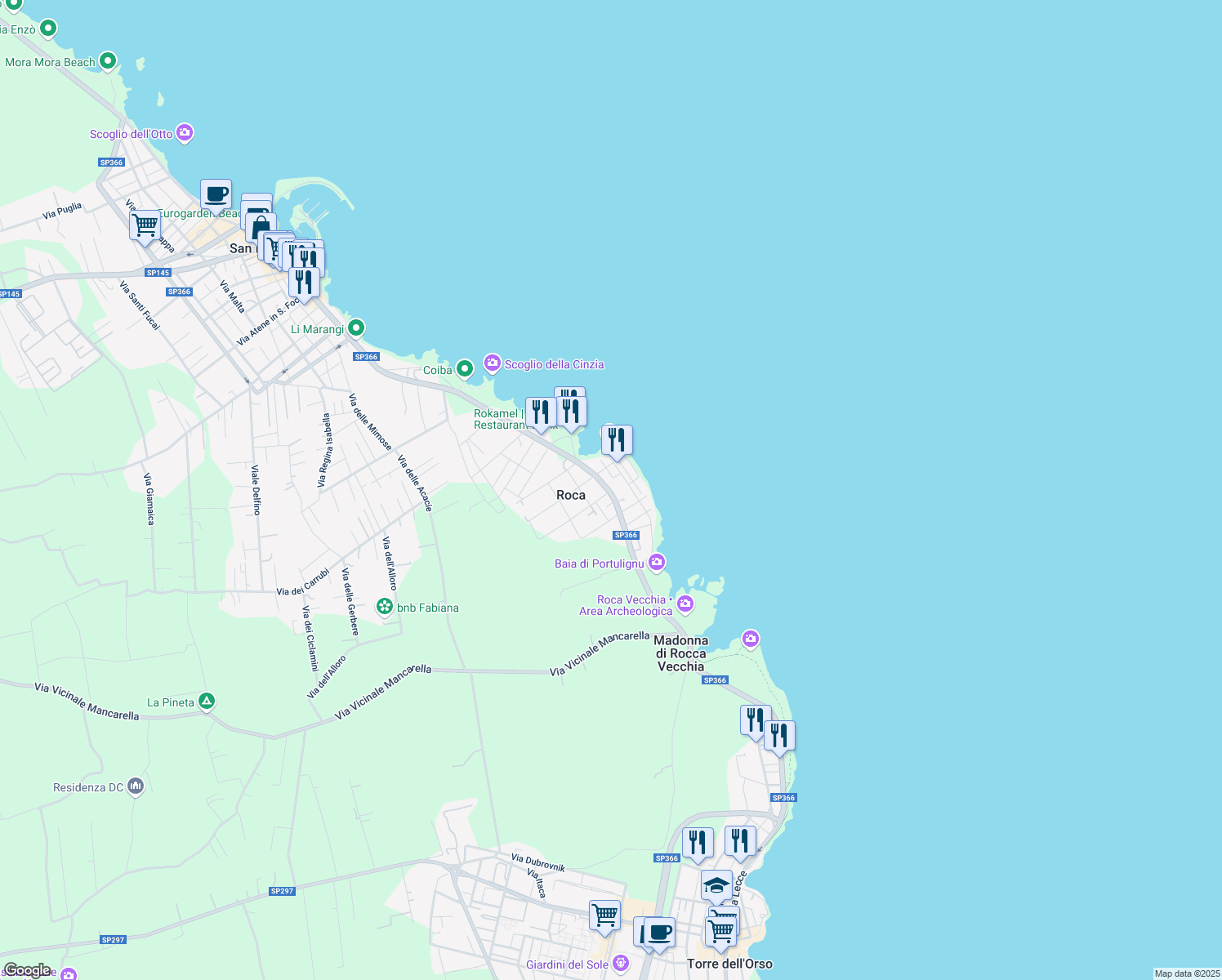 map of restaurants, bars, coffee shops, grocery stores, and more near 27 Piazza del Mare in Roca Vecchia