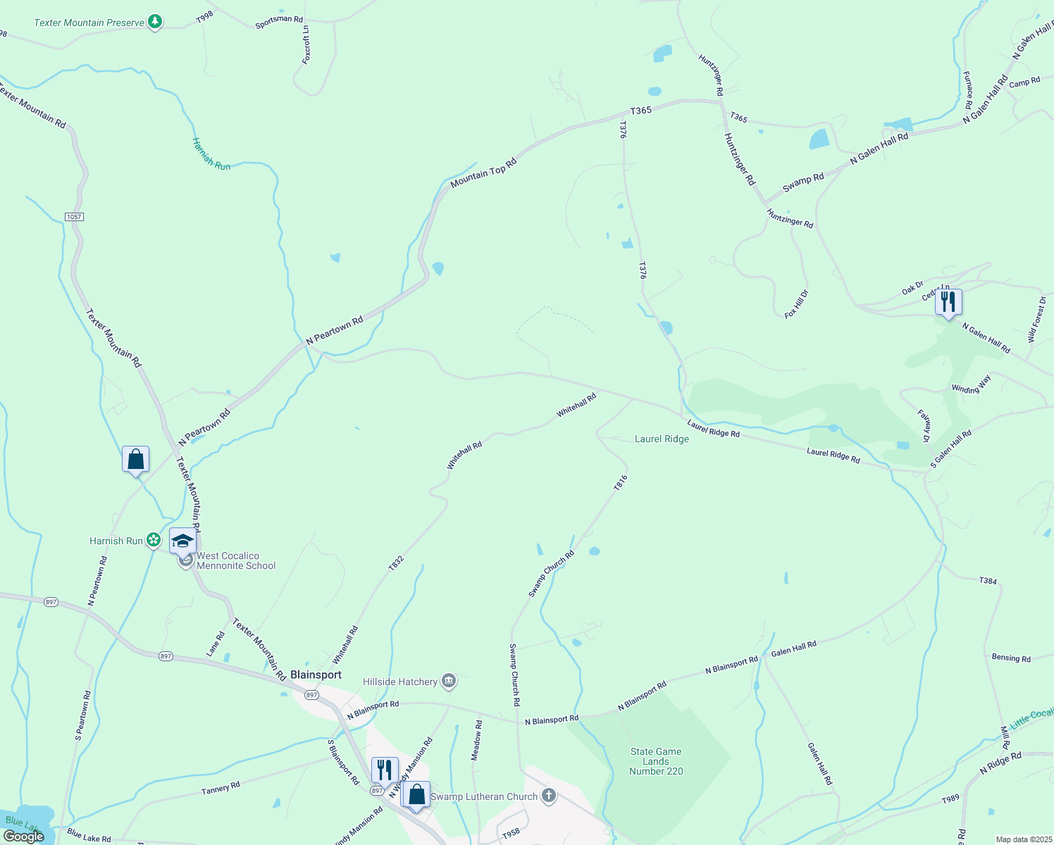 map of restaurants, bars, coffee shops, grocery stores, and more near 575 Whitehall Road in Reinholds