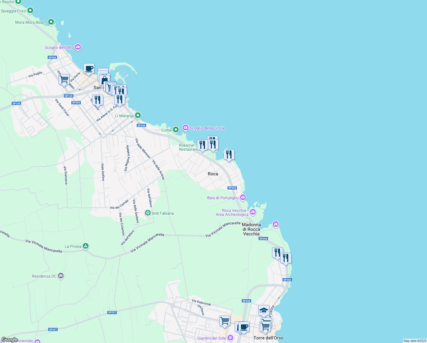 map of restaurants, bars, coffee shops, grocery stores, and more near 31 Via Isonzo in Roca Vecchia