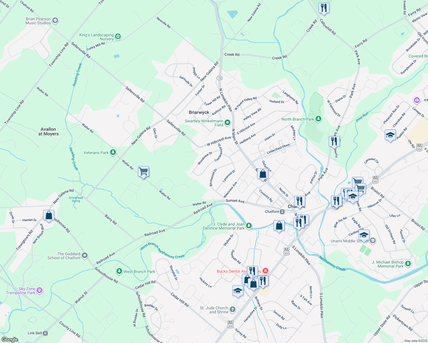 map of restaurants, bars, coffee shops, grocery stores, and more near 96 Birchwood Drive in Chalfont