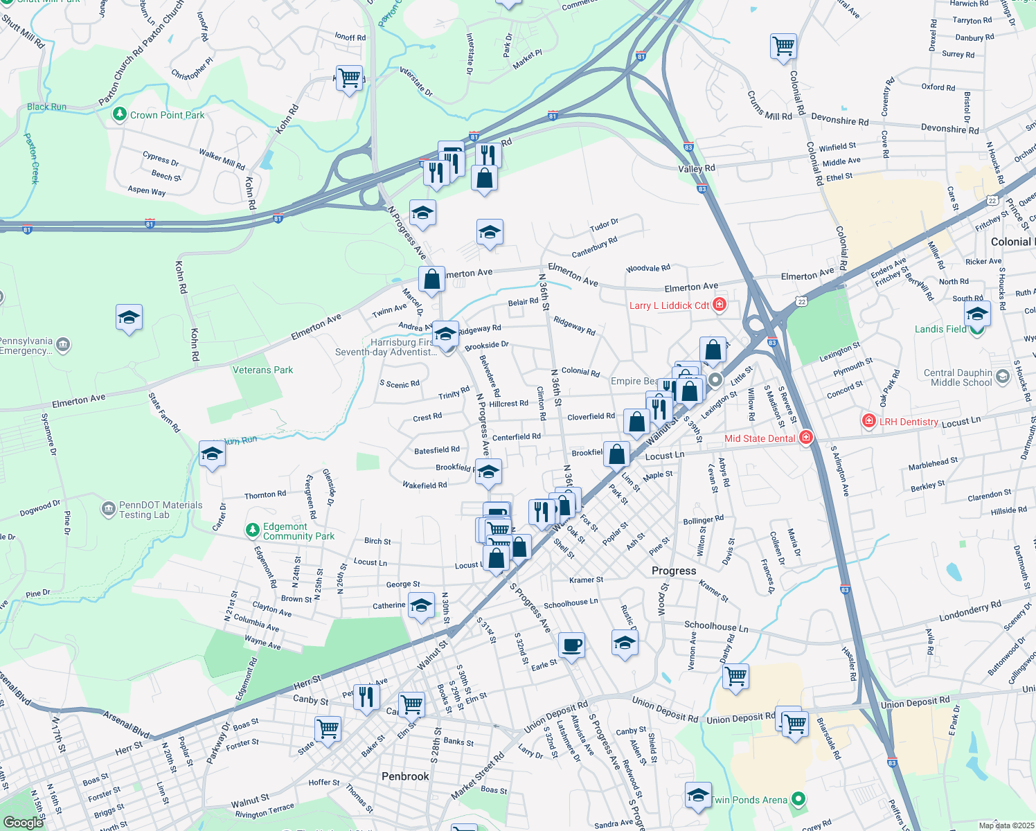 map of restaurants, bars, coffee shops, grocery stores, and more near 3412 Cloverfield Road in Harrisburg