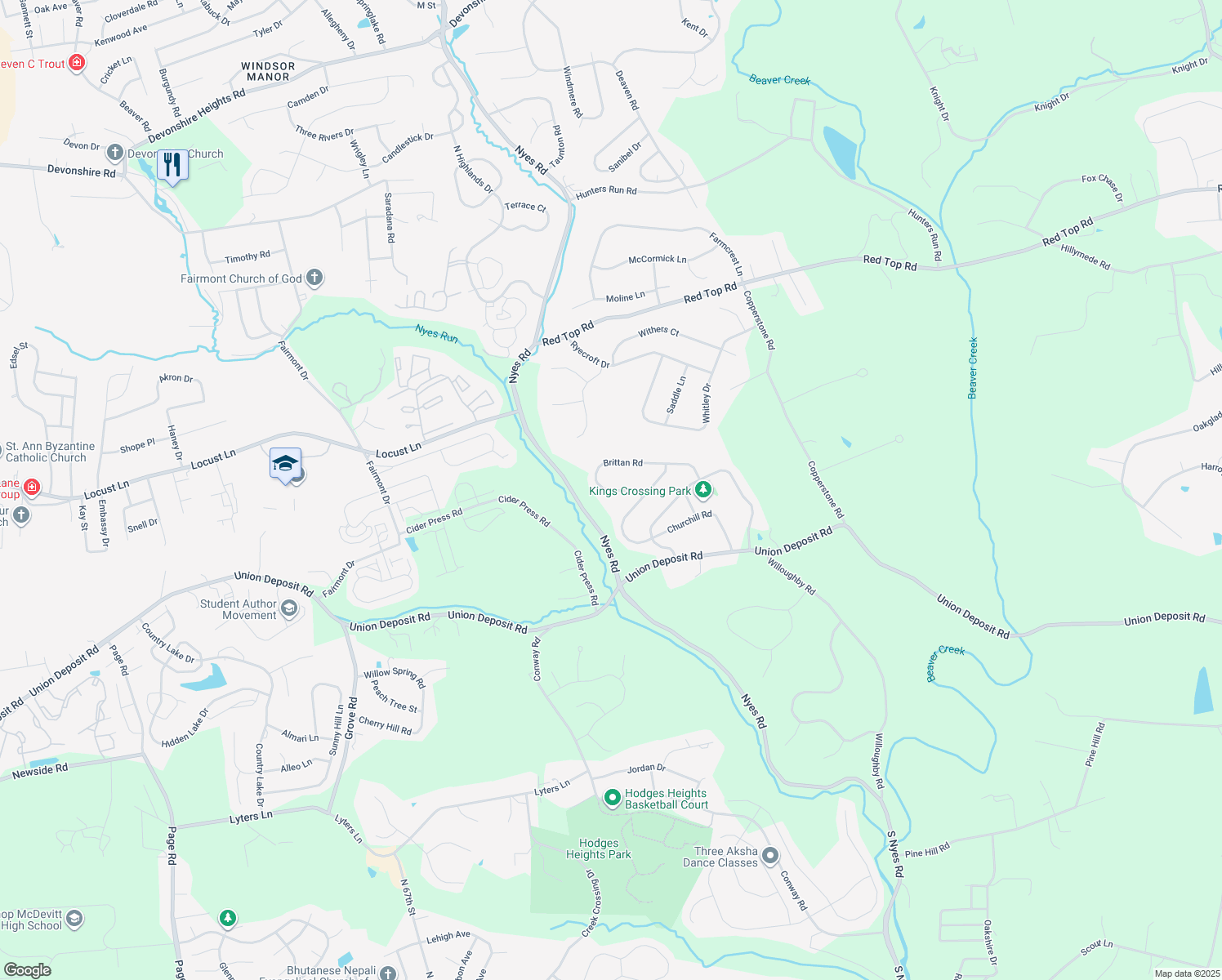 map of restaurants, bars, coffee shops, grocery stores, and more near 6407 Brittan Road in Harrisburg
