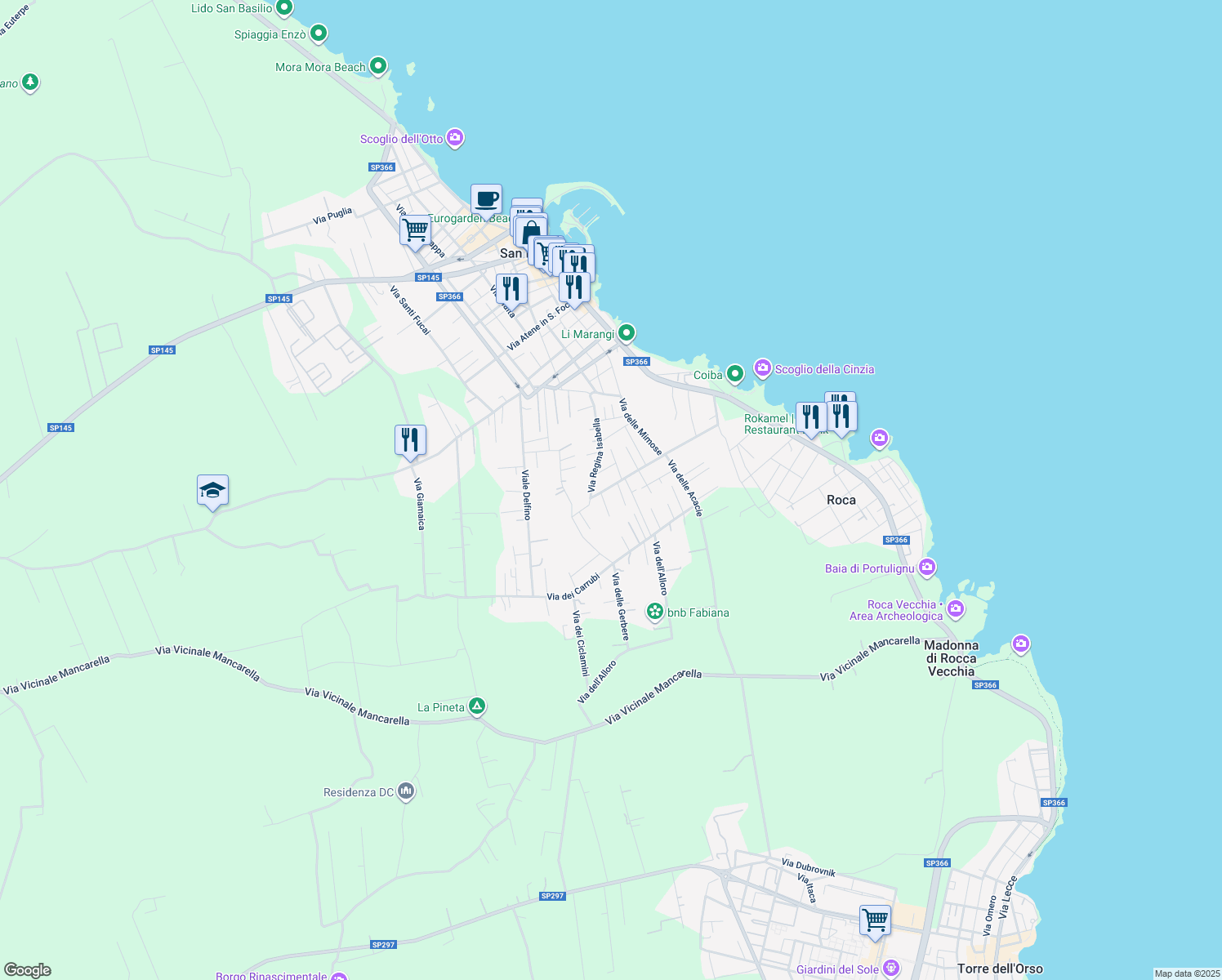 map of restaurants, bars, coffee shops, grocery stores, and more near 2 Via Regina Isabella in San Foca