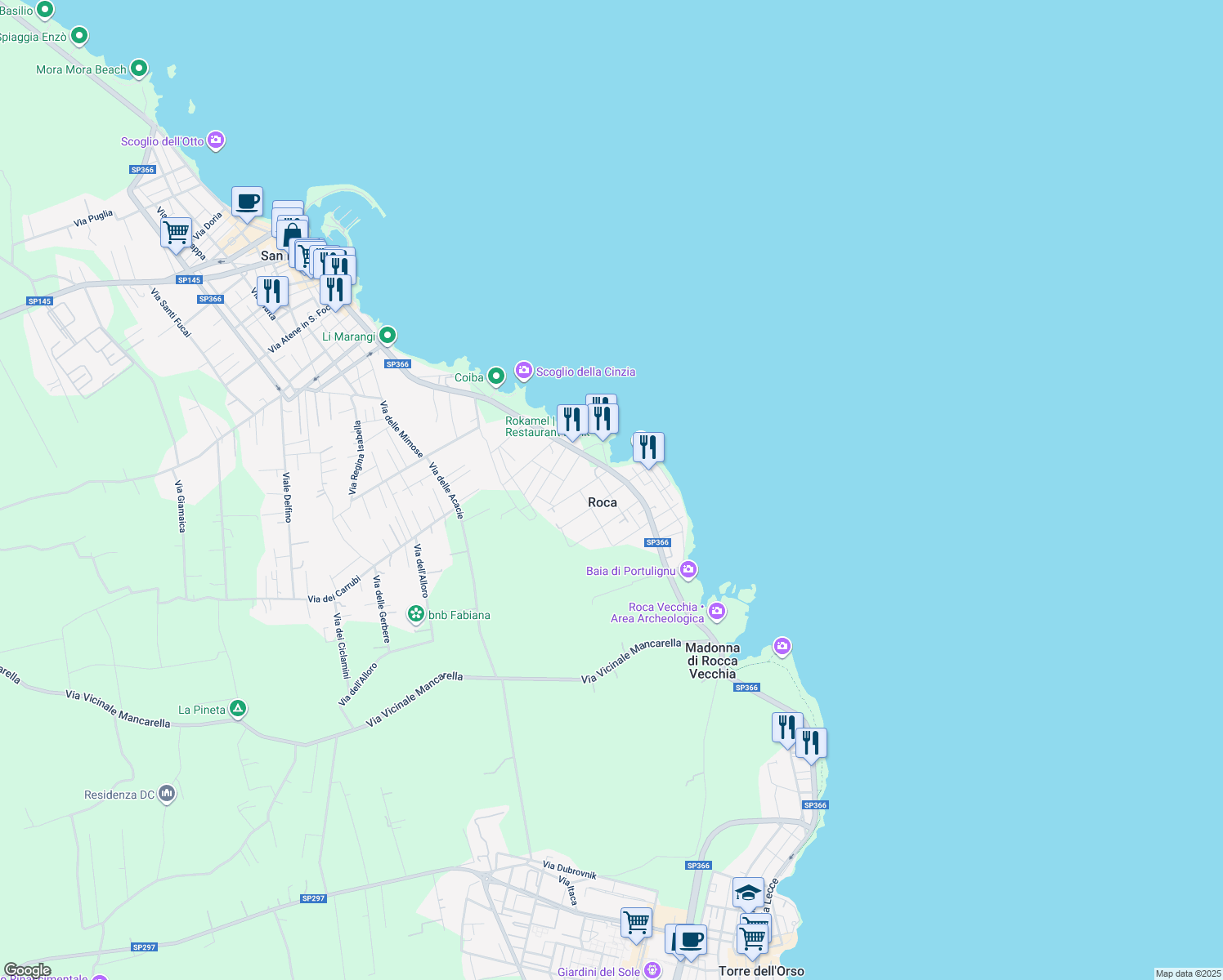 map of restaurants, bars, coffee shops, grocery stores, and more near 31 Via Isonzo in Roca Vecchia