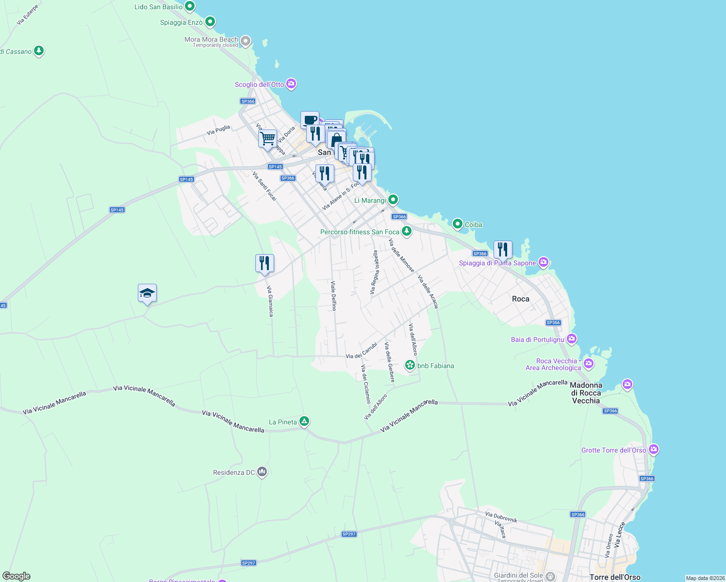 map of restaurants, bars, coffee shops, grocery stores, and more near 39 Via delle Ginestre in San Foca