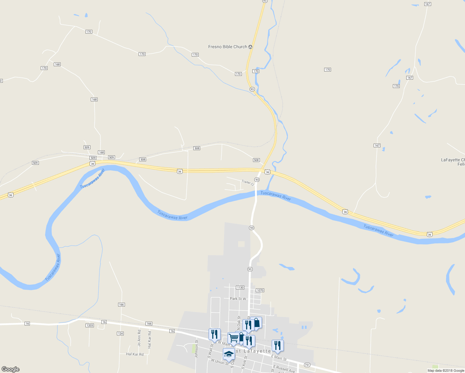 map of restaurants, bars, coffee shops, grocery stores, and more near 23601 Ohio 93 in Fresno
