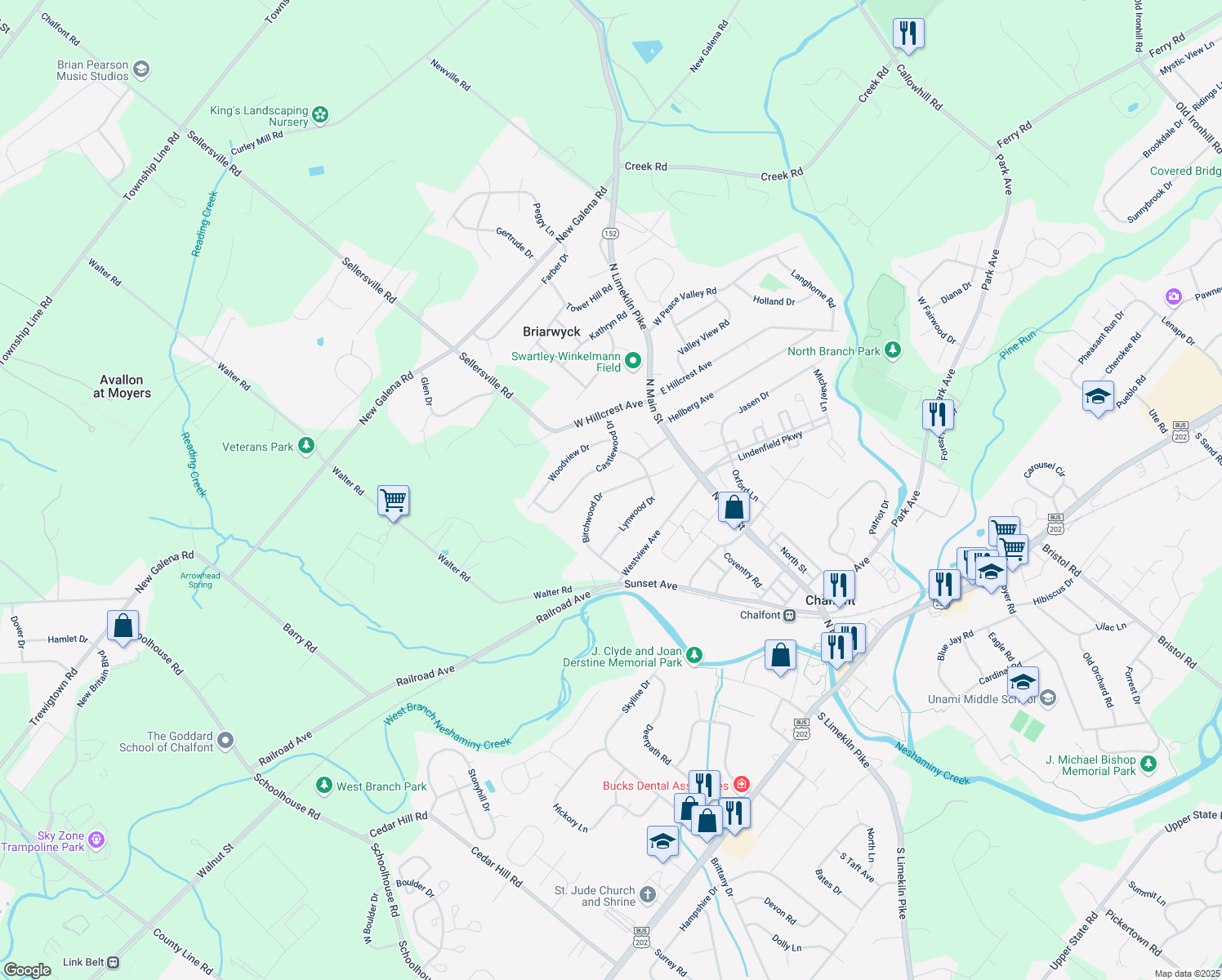 map of restaurants, bars, coffee shops, grocery stores, and more near 97 Birchwood Drive in Chalfont
