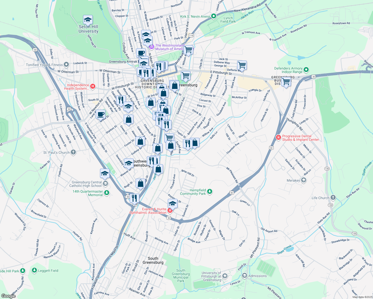 map of restaurants, bars, coffee shops, grocery stores, and more near 325 Unity Way in Greensburg