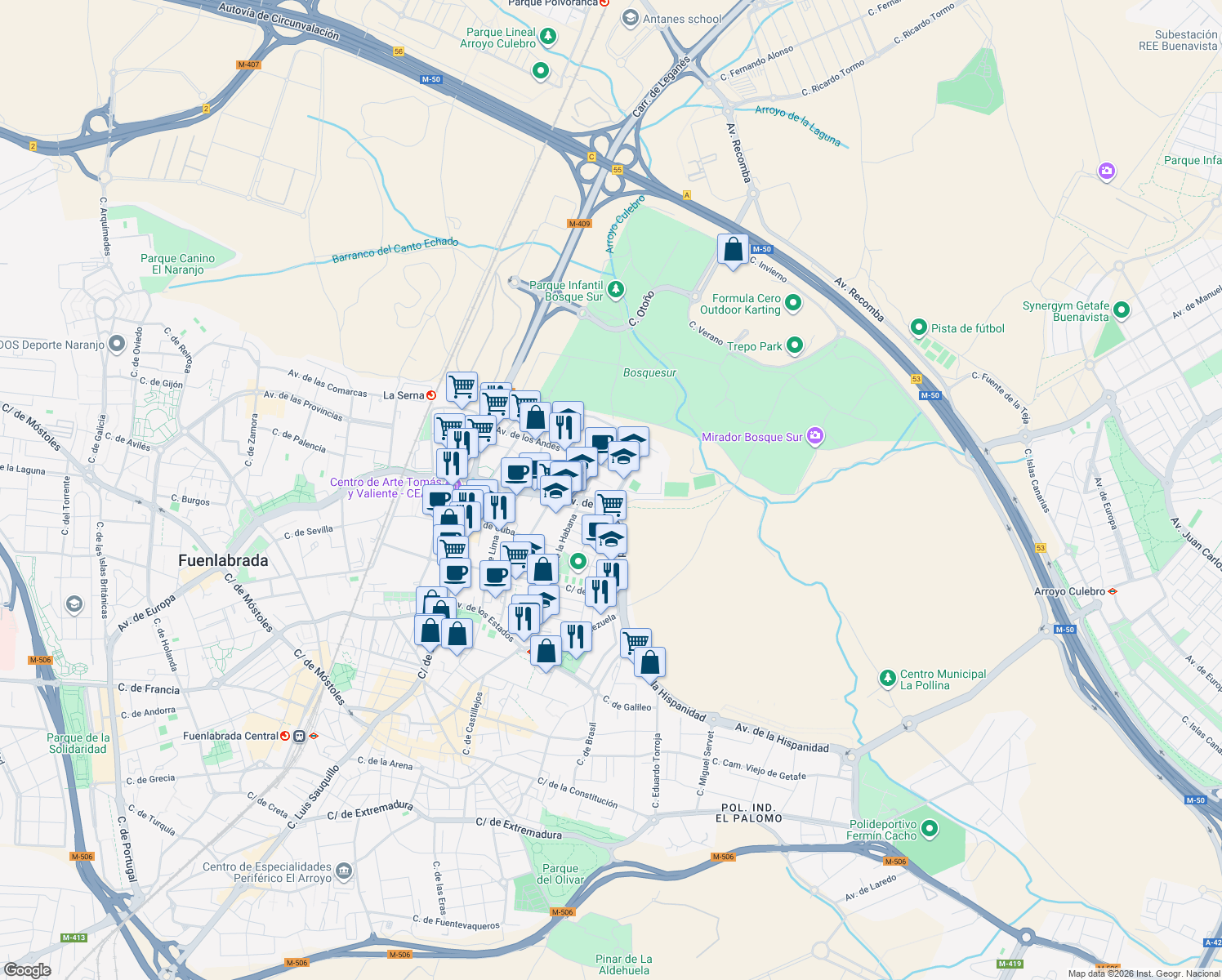 map of restaurants, bars, coffee shops, grocery stores, and more near 33 Calle de Colombia in Fuenlabrada