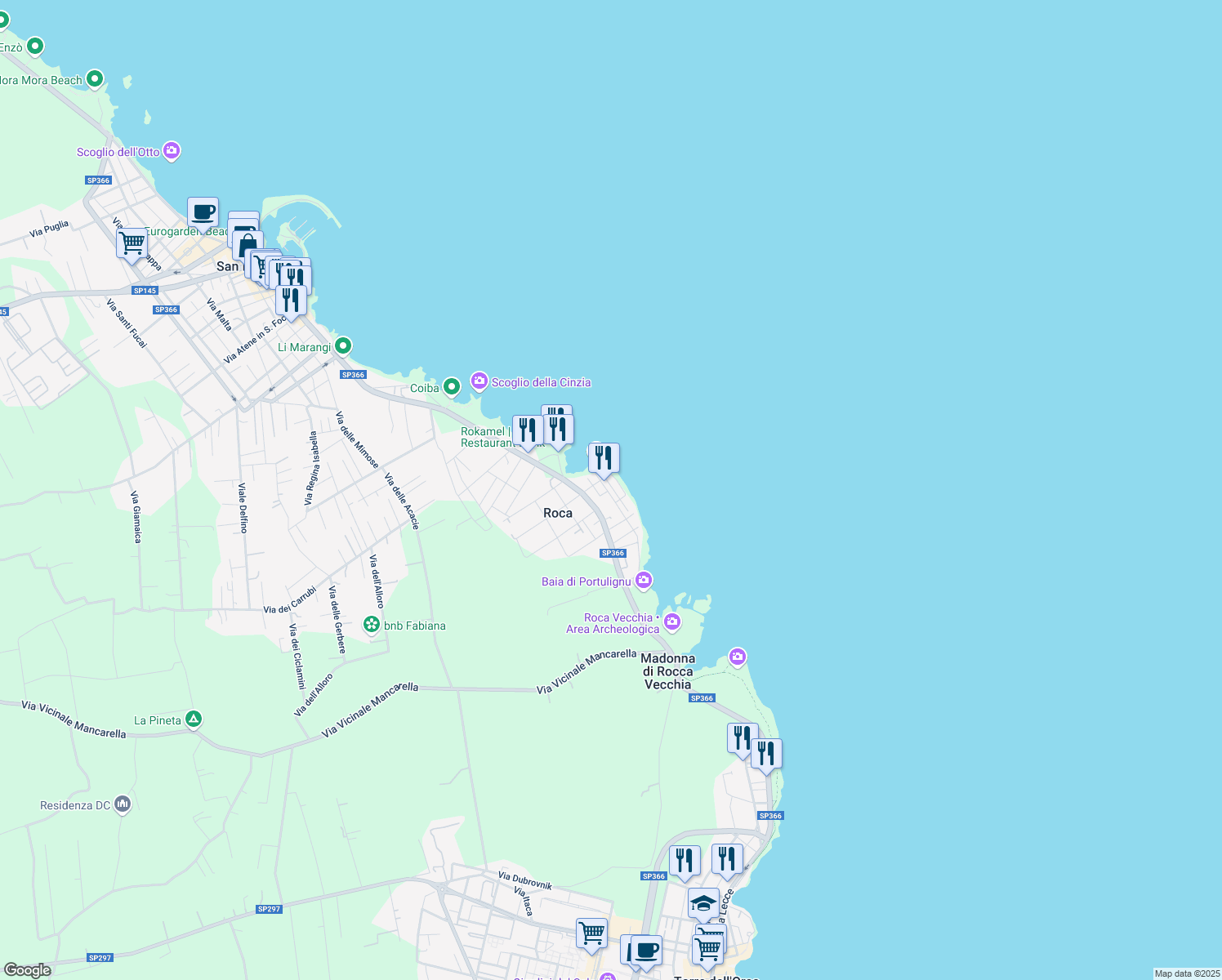 map of restaurants, bars, coffee shops, grocery stores, and more near 27 Piazza del Mare in Roca Vecchia
