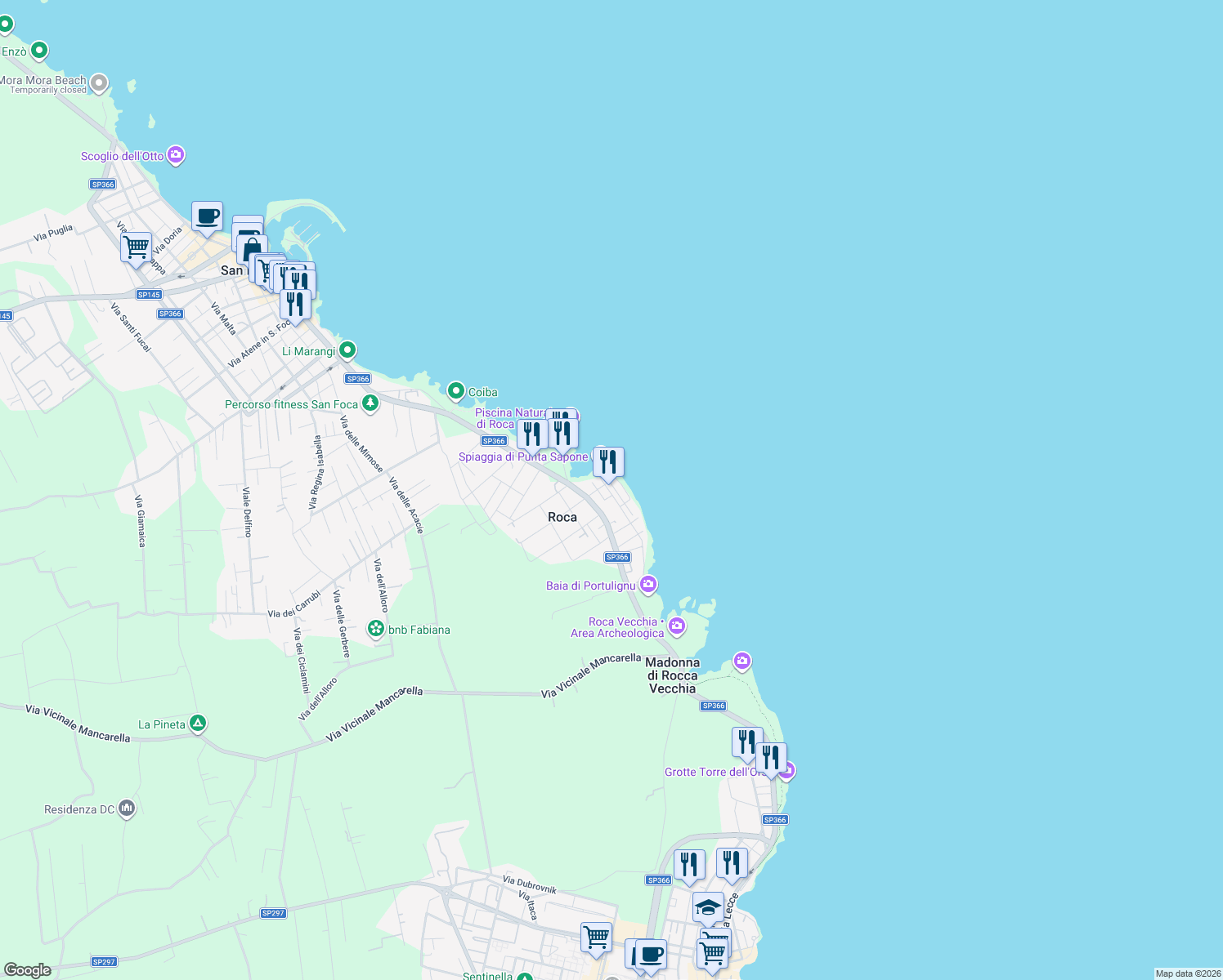 map of restaurants, bars, coffee shops, grocery stores, and more near 27 Piazza del Mare in Roca Vecchia