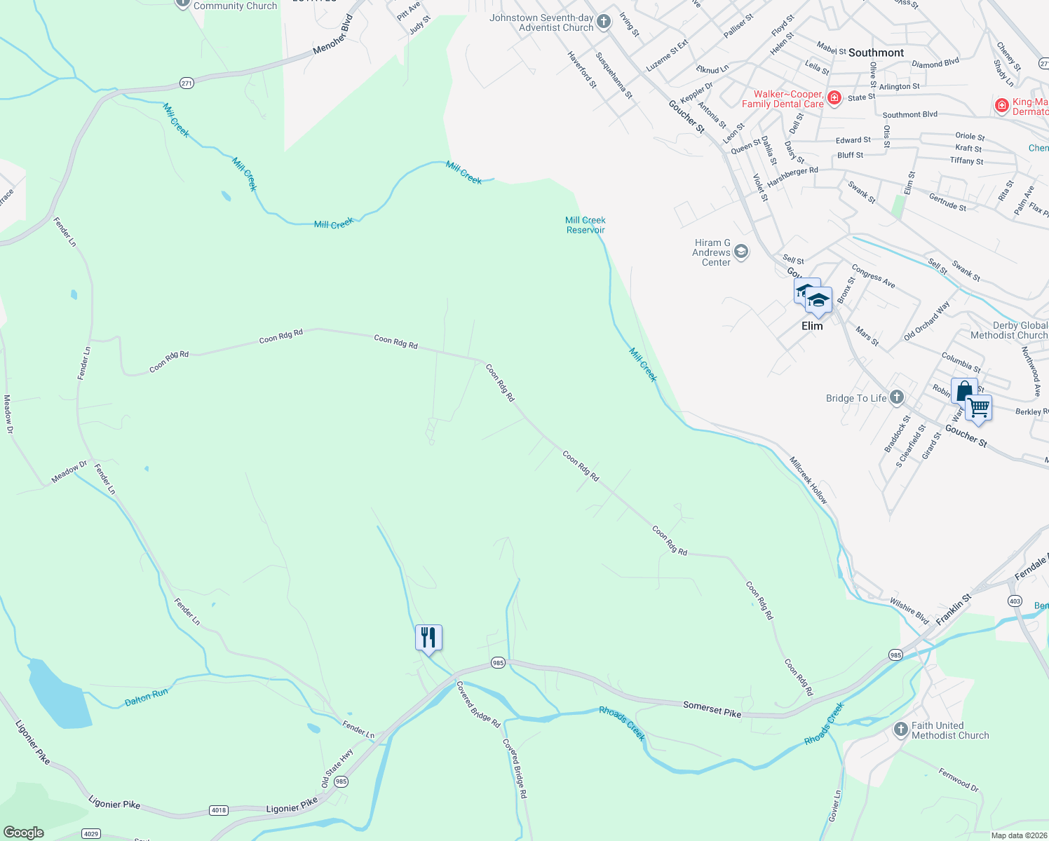 map of restaurants, bars, coffee shops, grocery stores, and more near 101 Cauffiel Lane in Johnstown