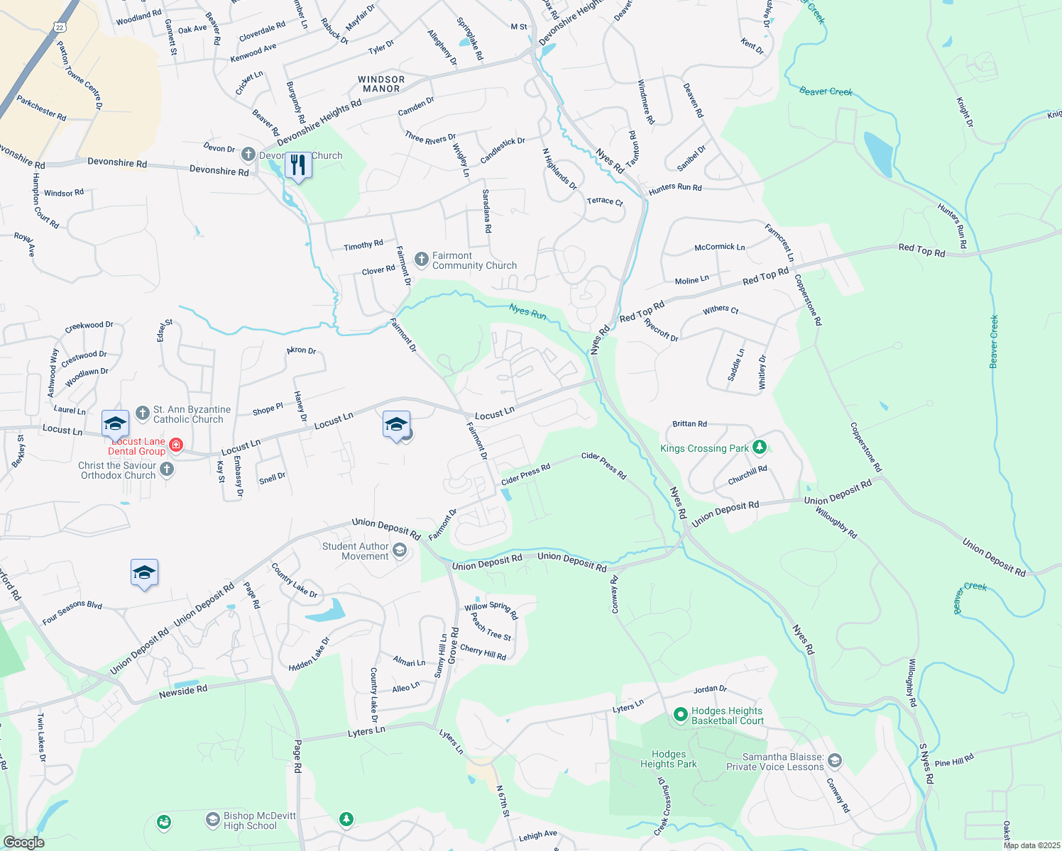 map of restaurants, bars, coffee shops, grocery stores, and more near 6296 Spring Knoll Drive in Harrisburg
