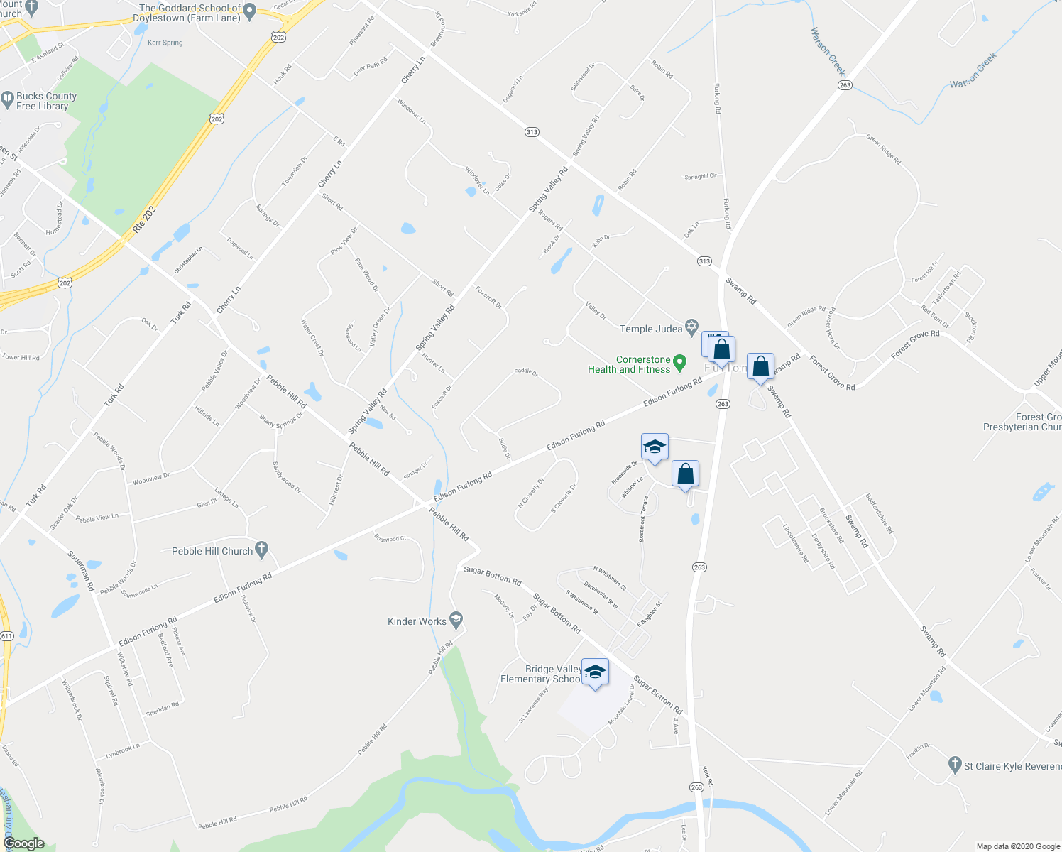 map of restaurants, bars, coffee shops, grocery stores, and more near 39 Saddle Drive in Furlong
