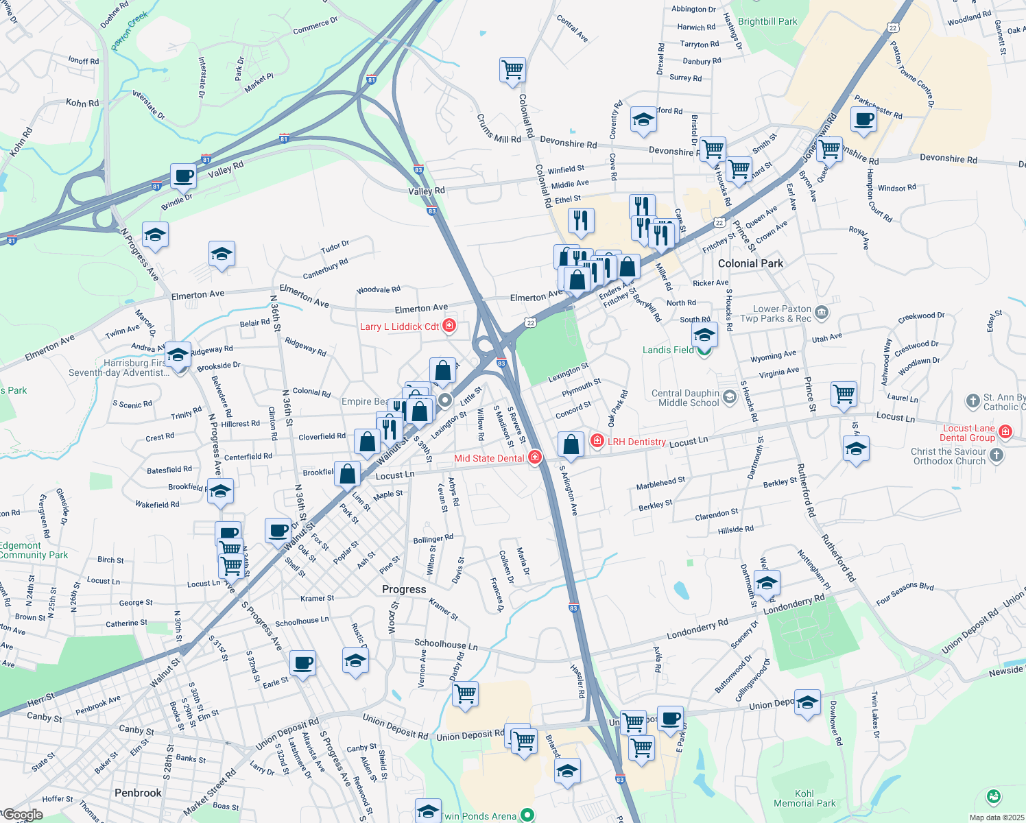 map of restaurants, bars, coffee shops, grocery stores, and more near 122 South Revere Street in Harrisburg
