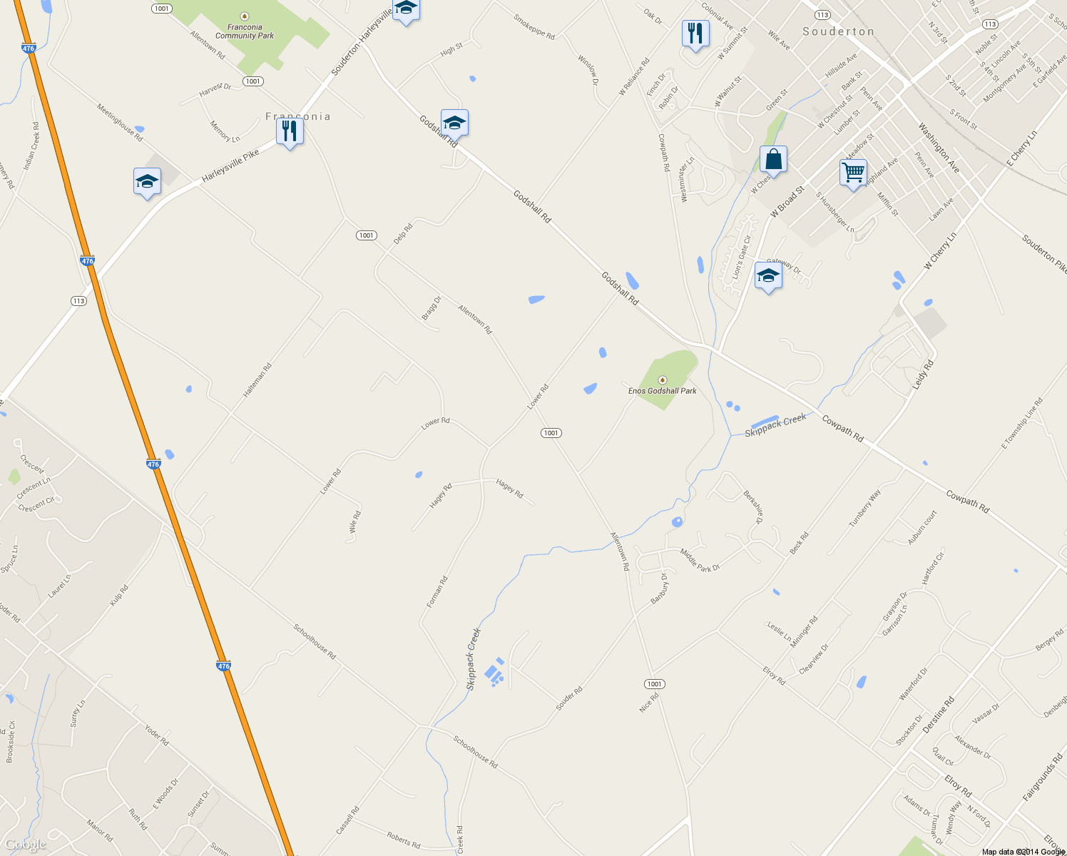 map of restaurants, bars, coffee shops, grocery stores, and more near 282 Allentown Rd in Souderton