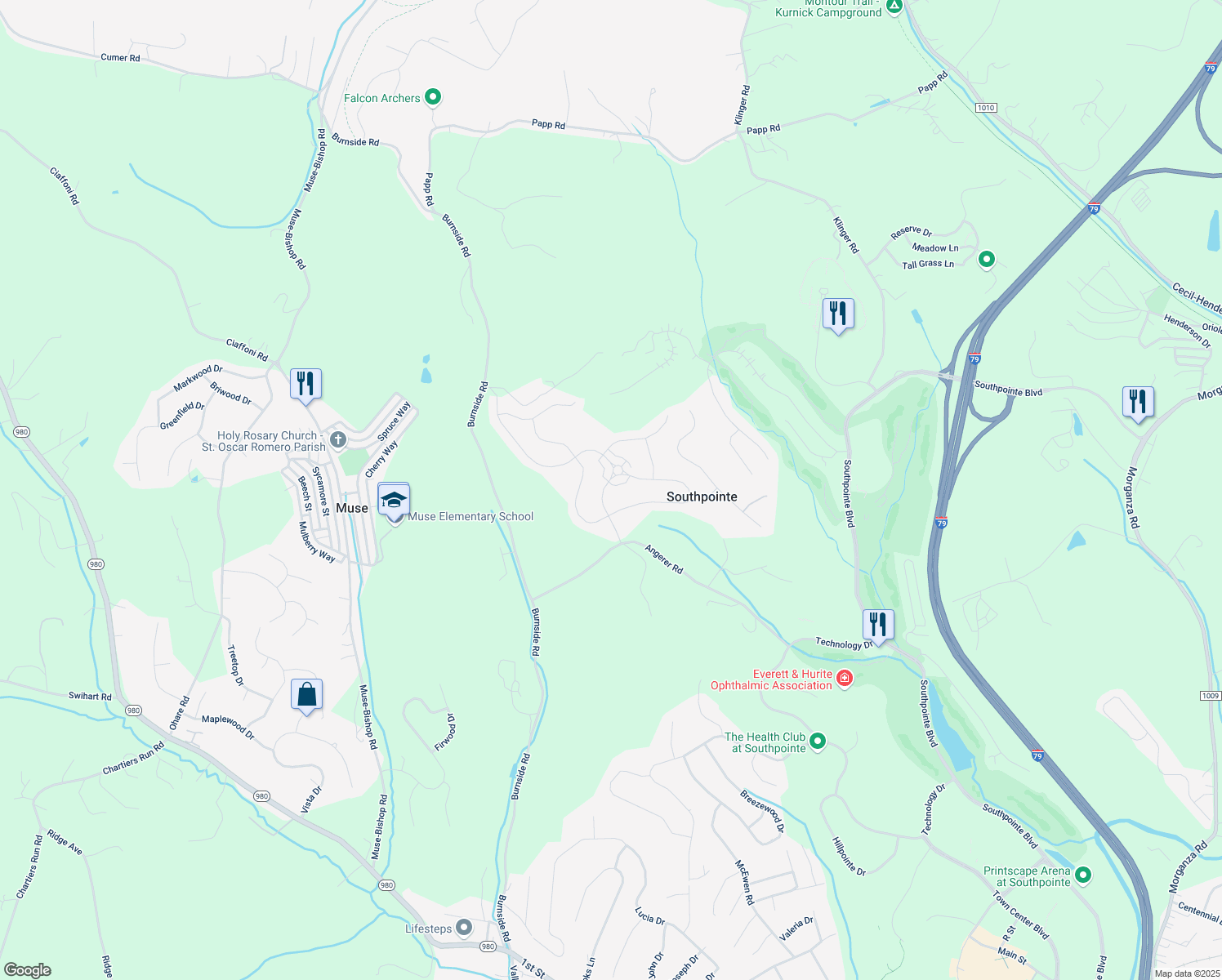 map of restaurants, bars, coffee shops, grocery stores, and more near 2012 Coldstream Drive in Canonsburg