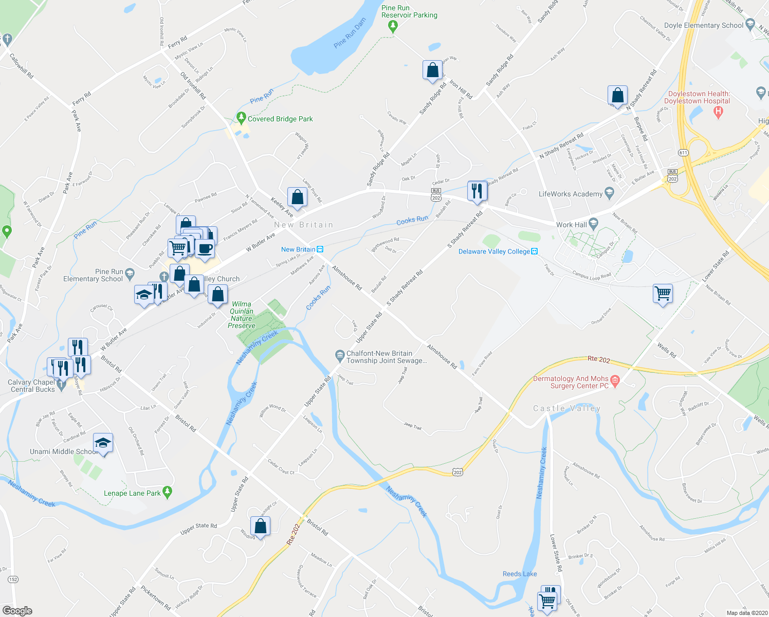 map of restaurants, bars, coffee shops, grocery stores, and more near 103 South Shady Retreat Road in Doylestown