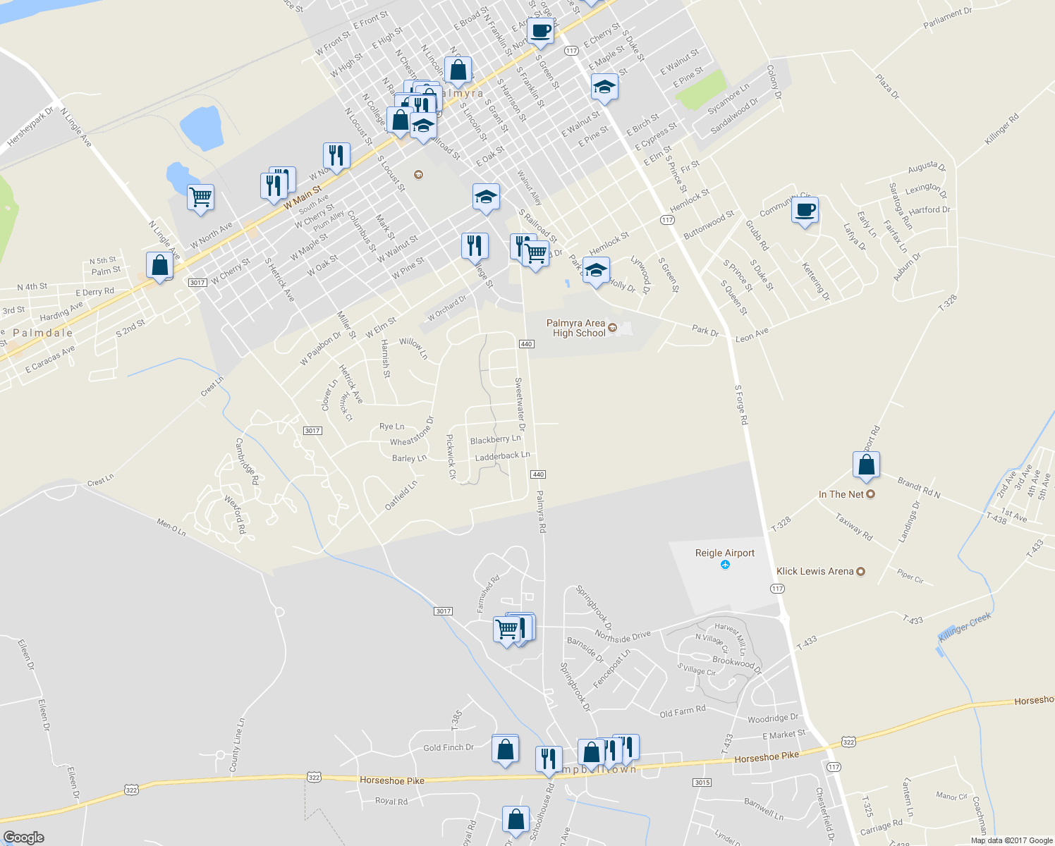 map of restaurants, bars, coffee shops, grocery stores, and more near 470 Sweetwater Drive in Palmyra