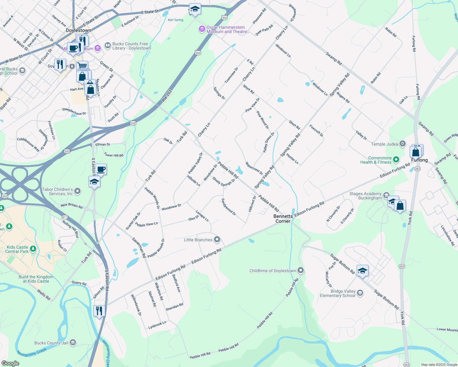 map of restaurants, bars, coffee shops, grocery stores, and more near 21 Shady Springs Drive in Doylestown