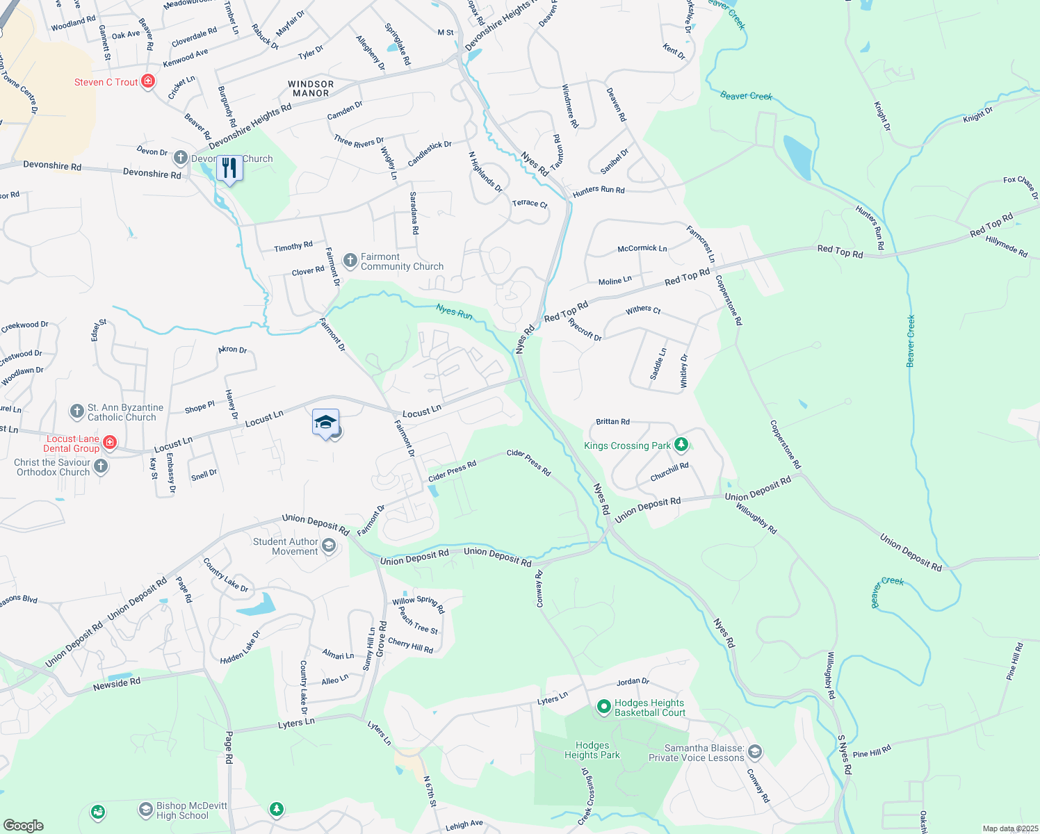 map of restaurants, bars, coffee shops, grocery stores, and more near 1518 Spring Knoll Court in Harrisburg