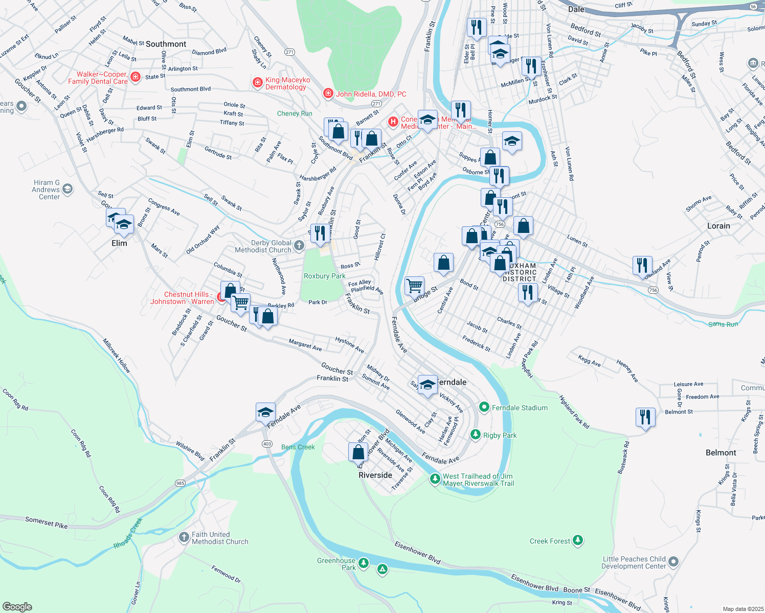 map of restaurants, bars, coffee shops, grocery stores, and more near 199 Nettle Alley in Johnstown