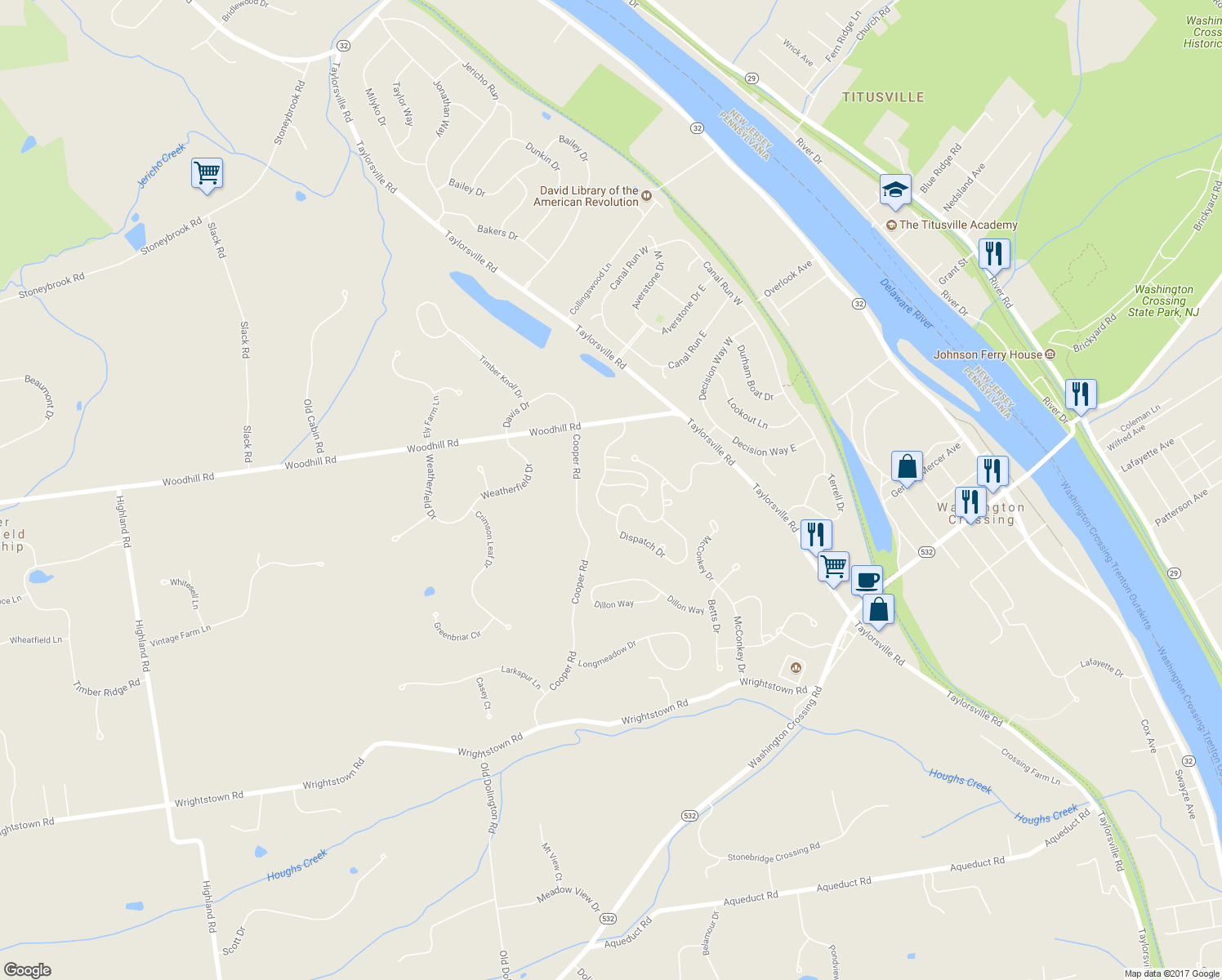 map of restaurants, bars, coffee shops, grocery stores, and more near 10 Tankard Lane in Washington Crossing