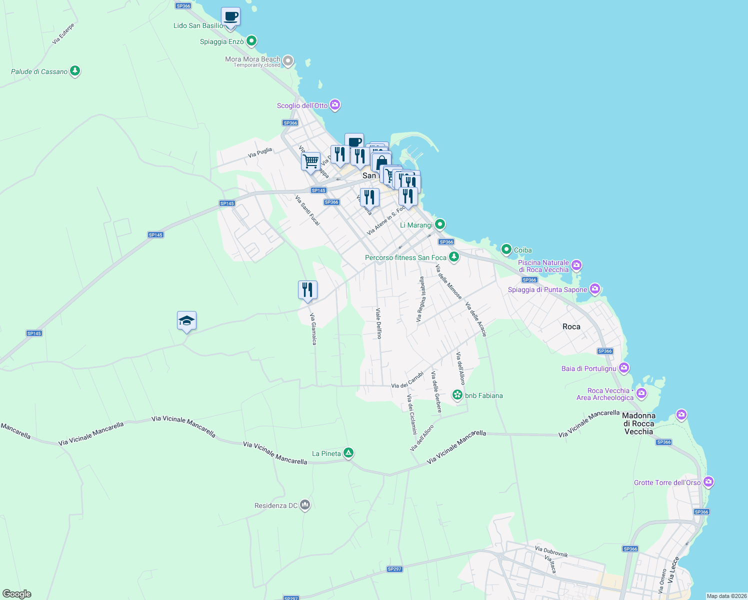 map of restaurants, bars, coffee shops, grocery stores, and more near Via dei Melograni in San Foca