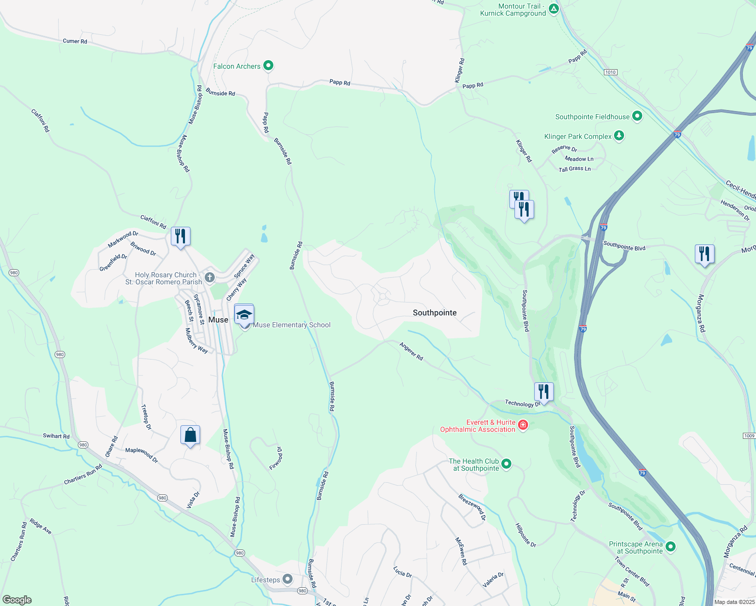 map of restaurants, bars, coffee shops, grocery stores, and more near 2012 Coldstream Drive in Canonsburg