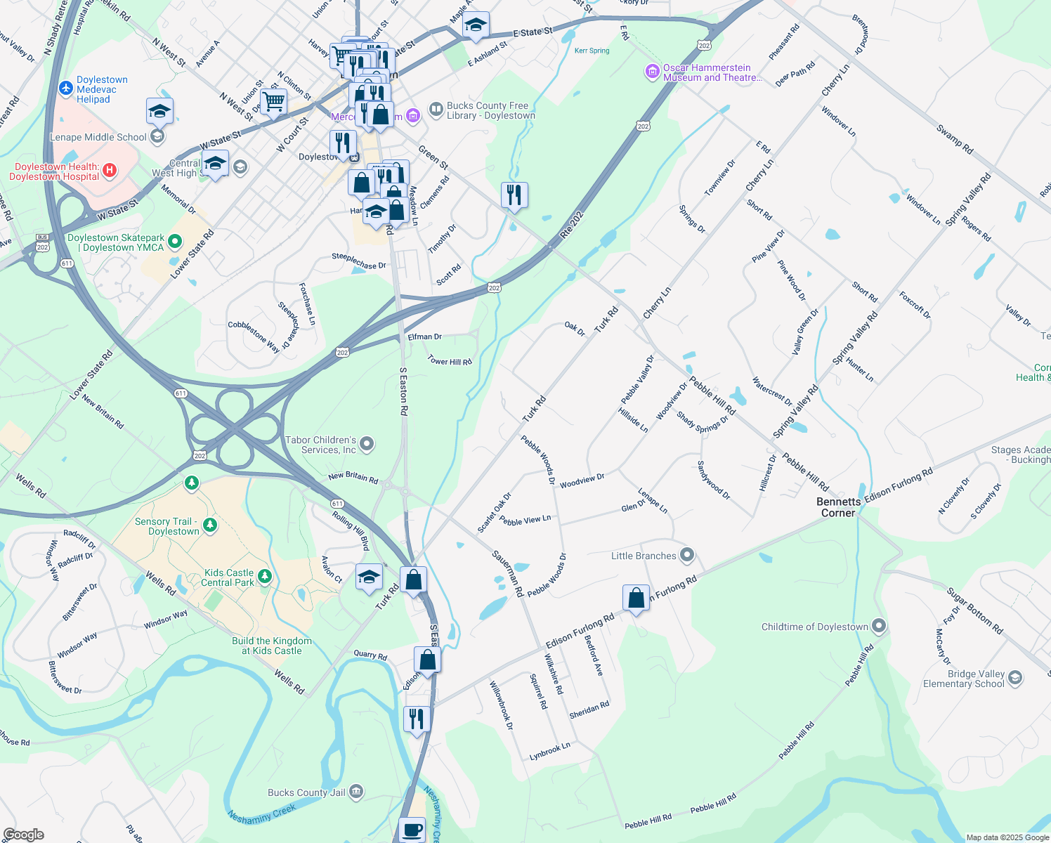 map of restaurants, bars, coffee shops, grocery stores, and more near 2249 Turk Road in Doylestown