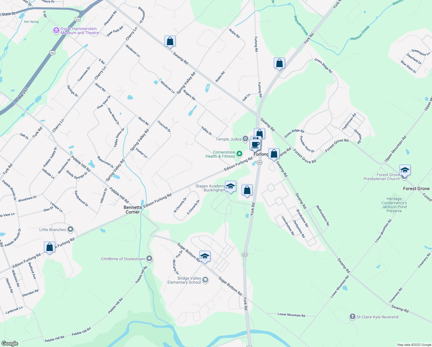 map of restaurants, bars, coffee shops, grocery stores, and more near 654 Edison Furlong Road in Furlong