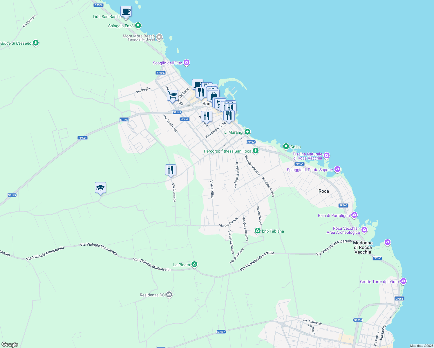 map of restaurants, bars, coffee shops, grocery stores, and more near Via dei Melograni in San Foca