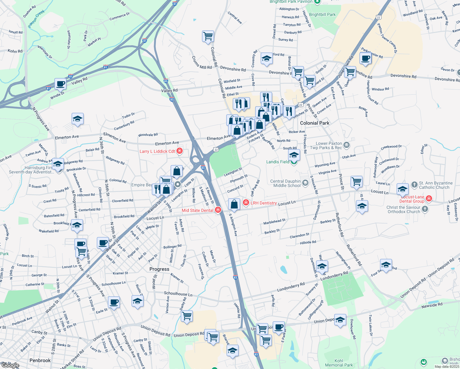 map of restaurants, bars, coffee shops, grocery stores, and more near 4225 Plymouth Street in Harrisburg