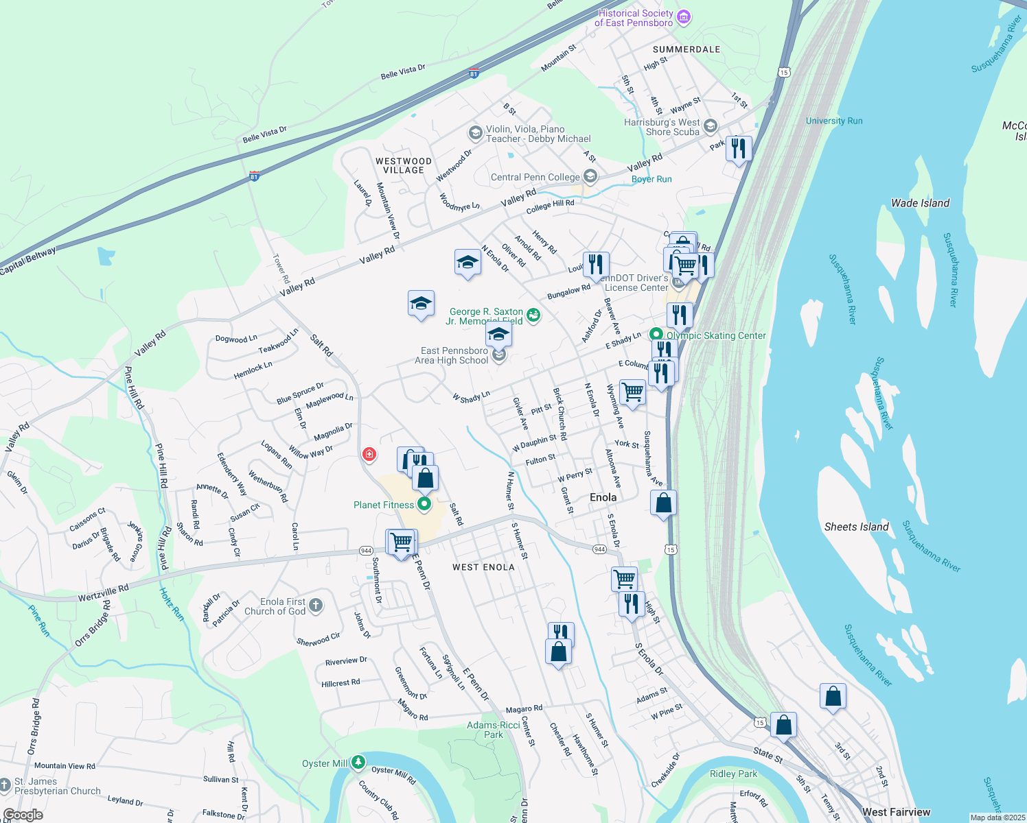 map of restaurants, bars, coffee shops, grocery stores, and more near 407 Pitt Street in Enola
