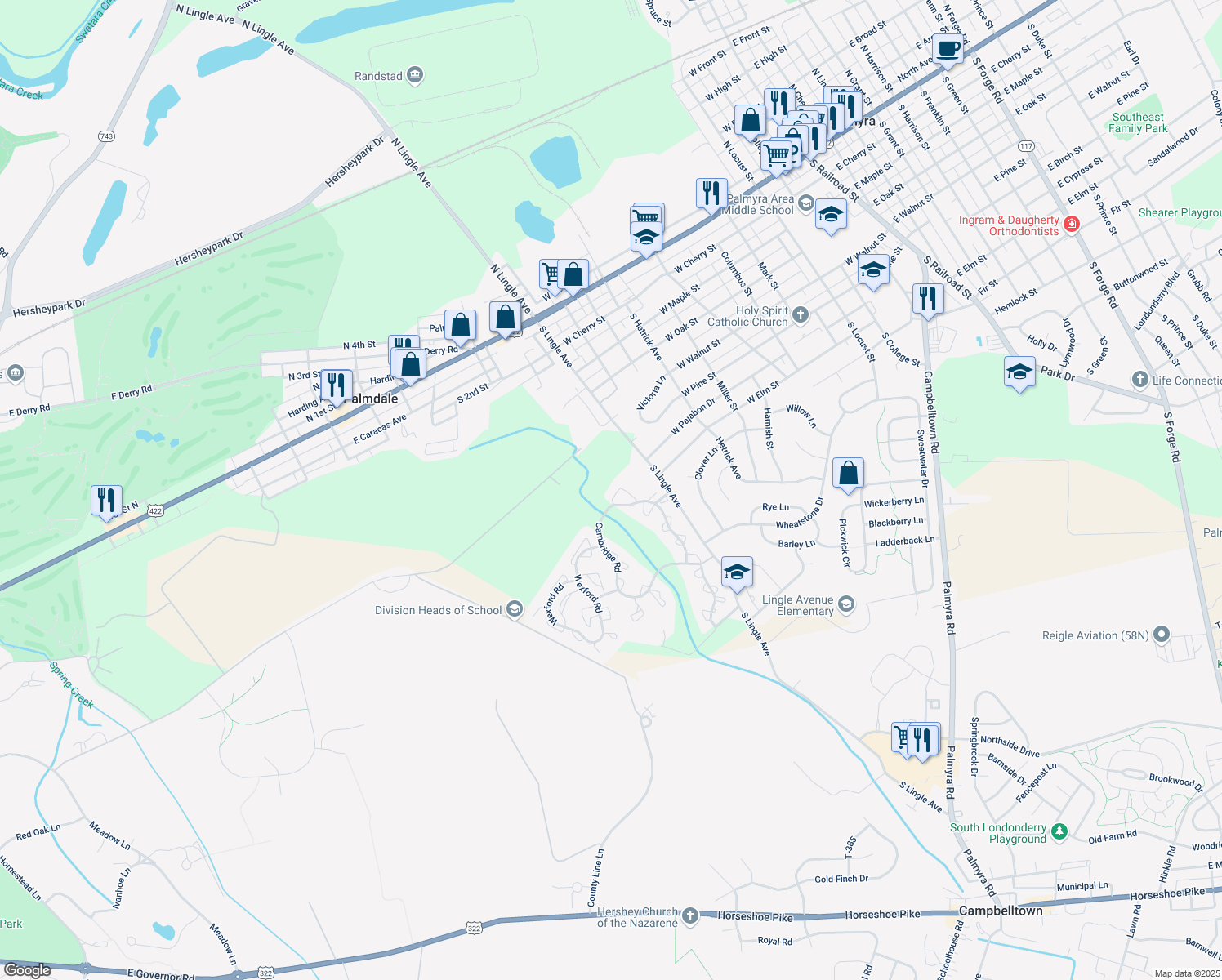 map of restaurants, bars, coffee shops, grocery stores, and more near 718 Cambridge Ct in Palmyra